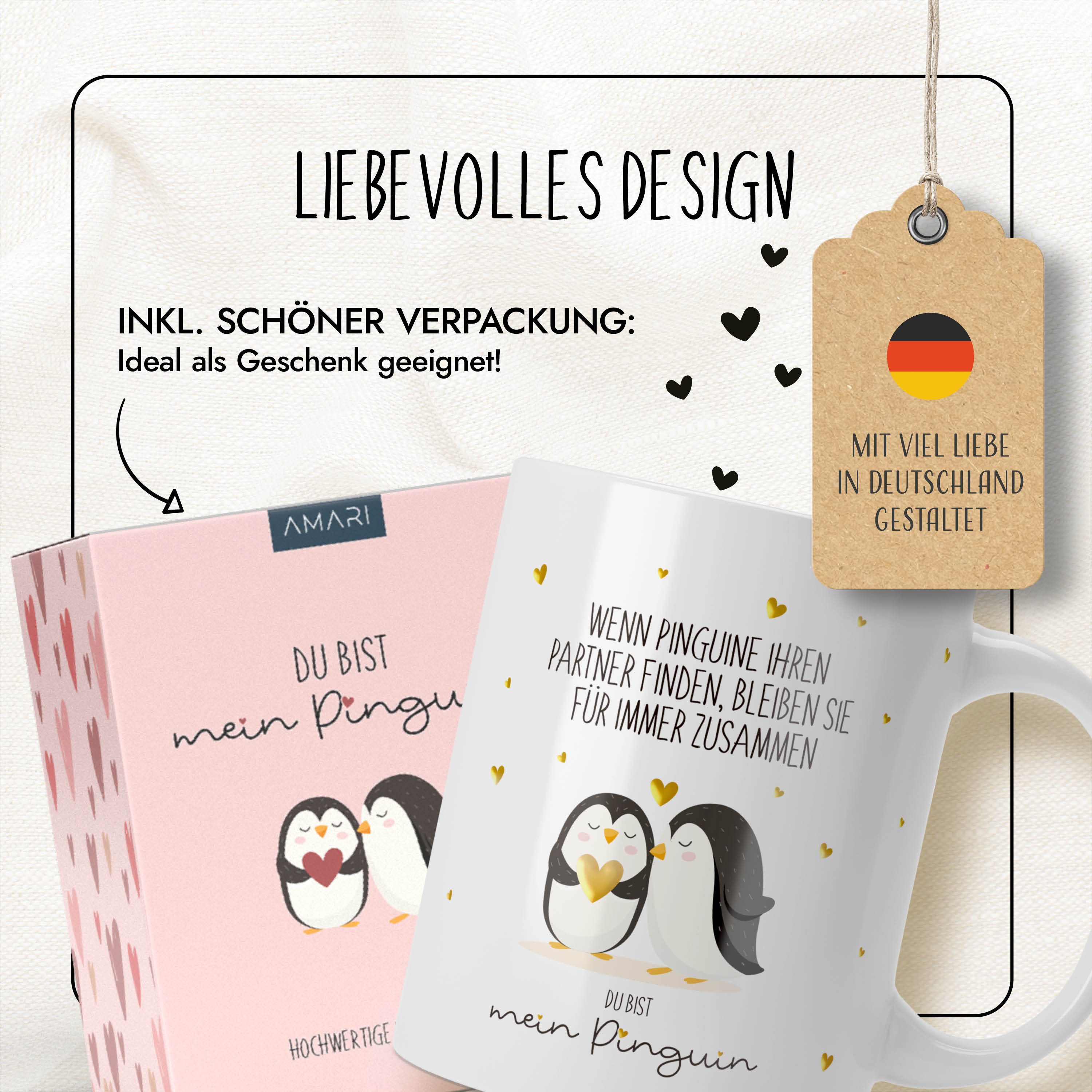 Amari Tasse Du bist mein Pinguin Spruch Gold, Pinguin Geschenk Partner Freundin, Kaffeetasse Teetasse 330 ml Geschenkbox Jahrestag Hochzeitstag – Bild 4 von 5