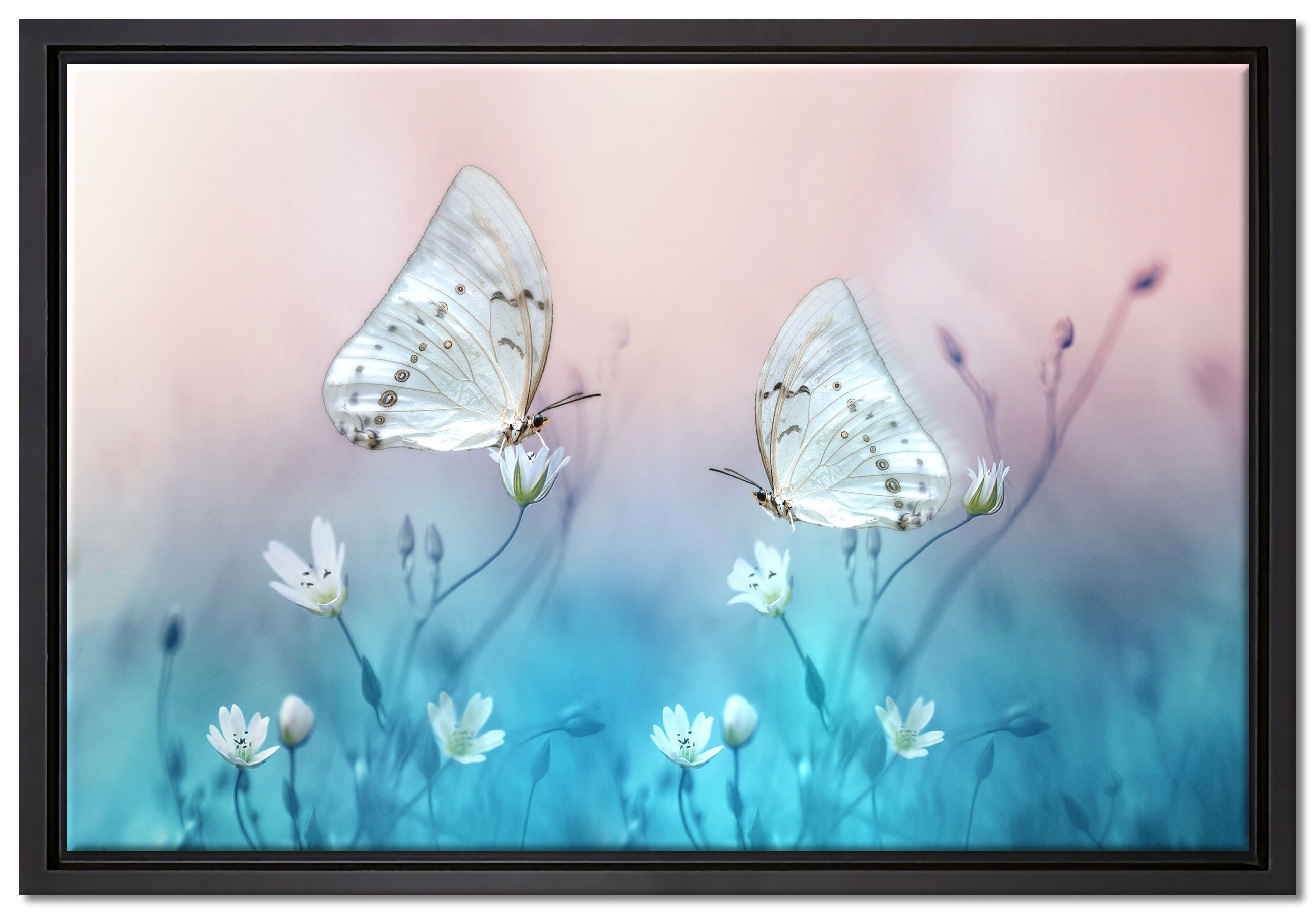 Pixxprint Leinwandbild Schmetterling auf kleinen Blumen, Wanddekoration (1 St), Leinwandbild fertig bespannt, in einem Schattenfugen-Bilderrahmen gefasst, inkl. Zackenaufhänger