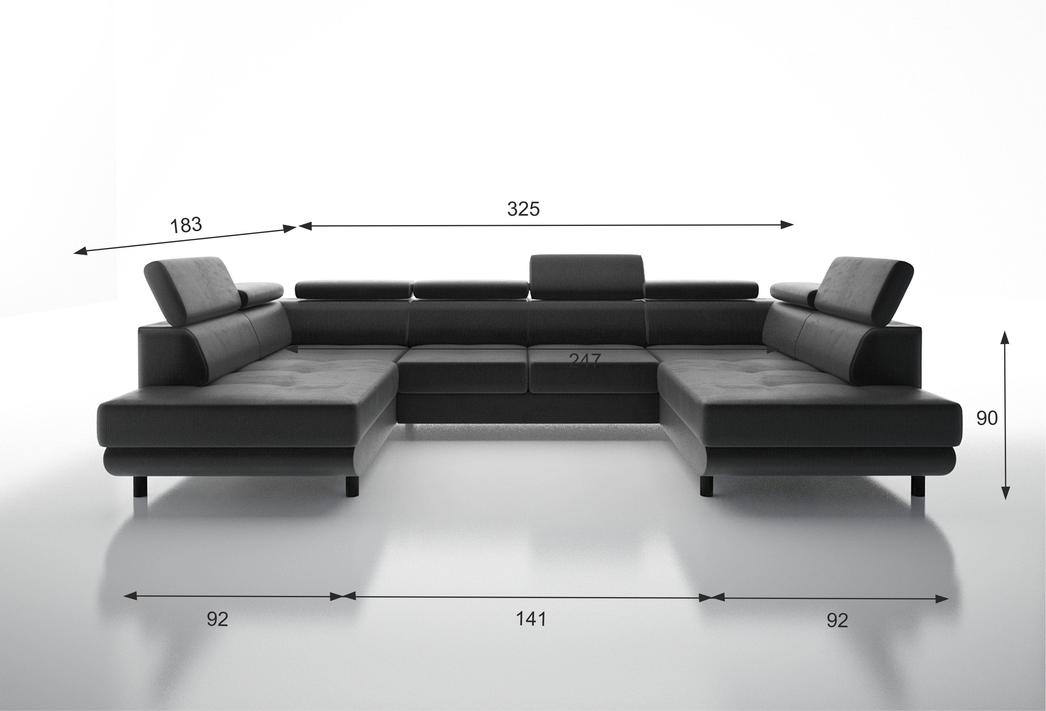 thematys Ecksofa LUNA U mit Schlaffunktion & Bettkasten – aus weichem Velours Stoff, mit verstellbaren Kopfstützen, – U-Form 325×183 cm – Schlafsofa mit Auszug – Bild 5 von 5