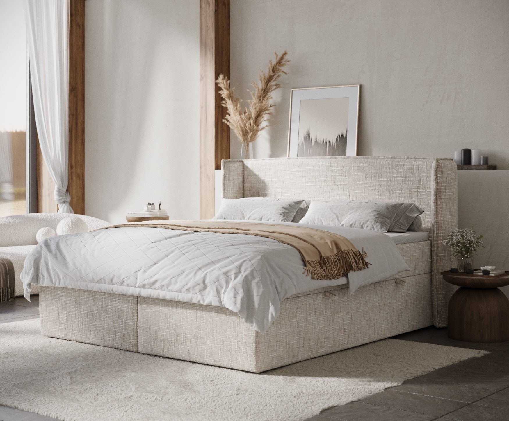 Maison de Rêve Boxbett Skyline mit Bettkasten (Matratze, Stauraum, Kopfteil, Topper), Boxspringbett mit Taschenmatratze H3, Doppelbett, inkl. Visco-Topper
