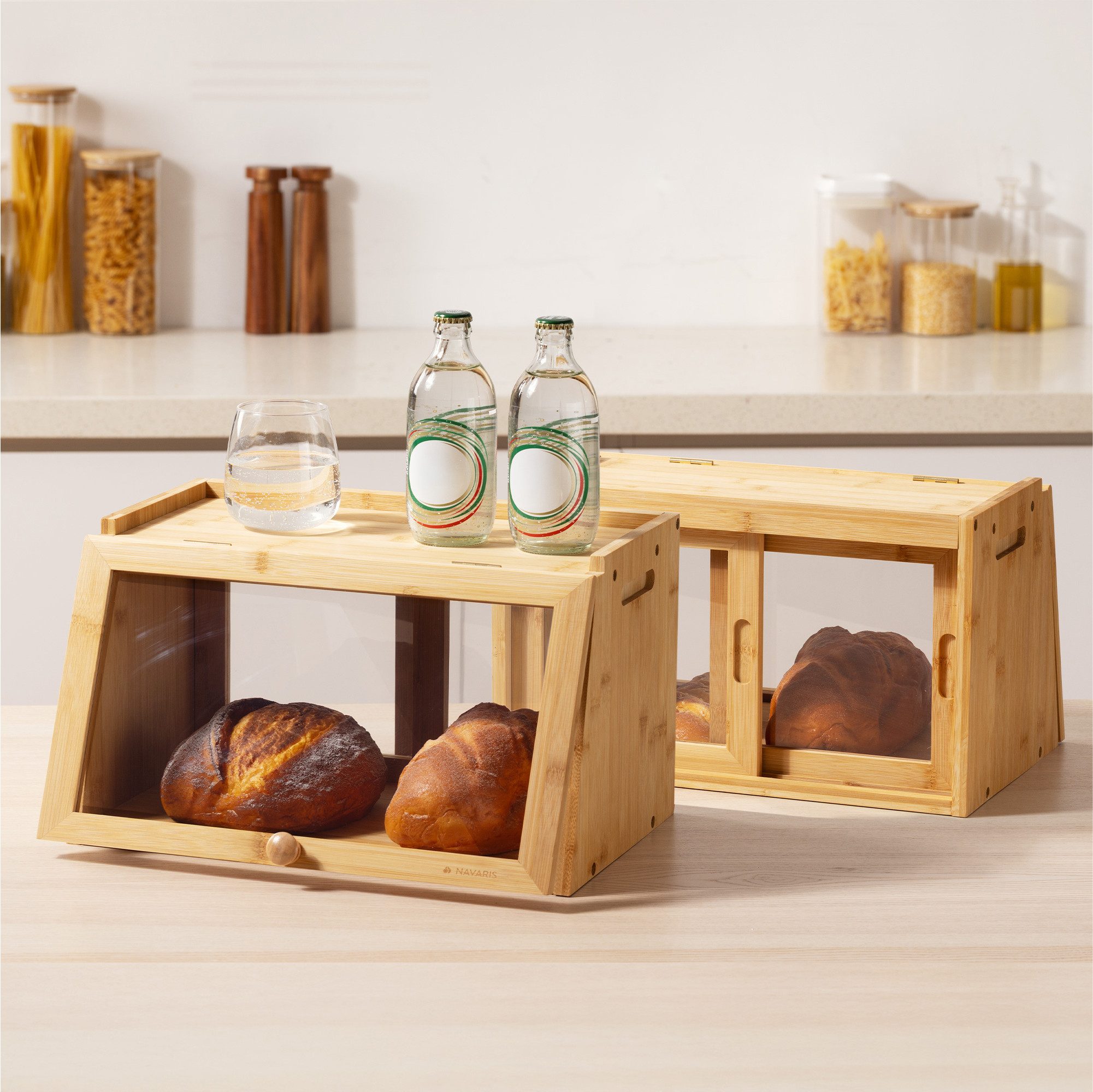 Navaris Vorratsdose Brot Aufbewahrungsbox - Brotbox Küche Bread Box - Brotaufbewahrungsbox, Bambus, (1-tlg), Bambus Brotkasten - Brotbox mit Sichtfenster - Brotaufbewahrung
