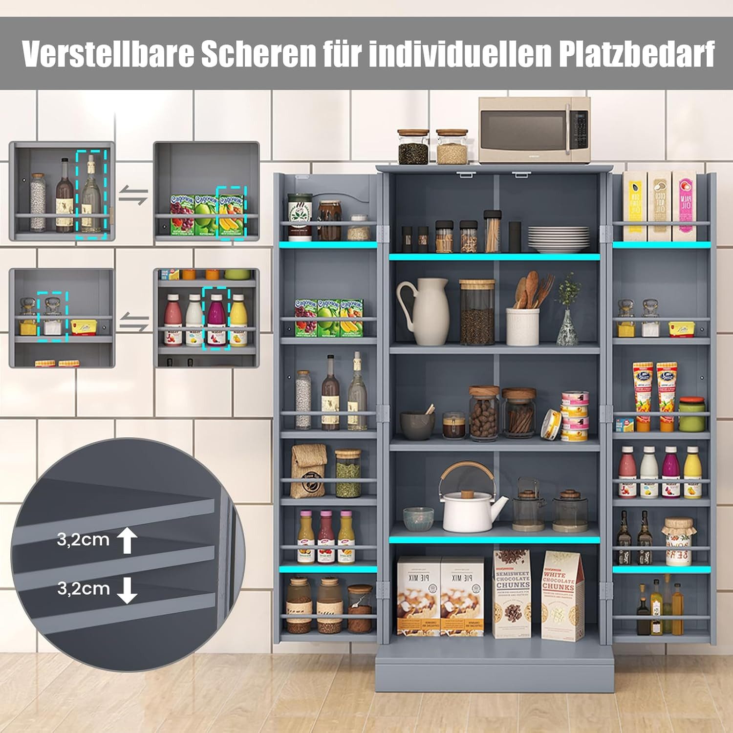 KOMFOTTEU Vorratsschrank Küchenschrank mit Türen,verstellbaren Regalen & Metallgriffen