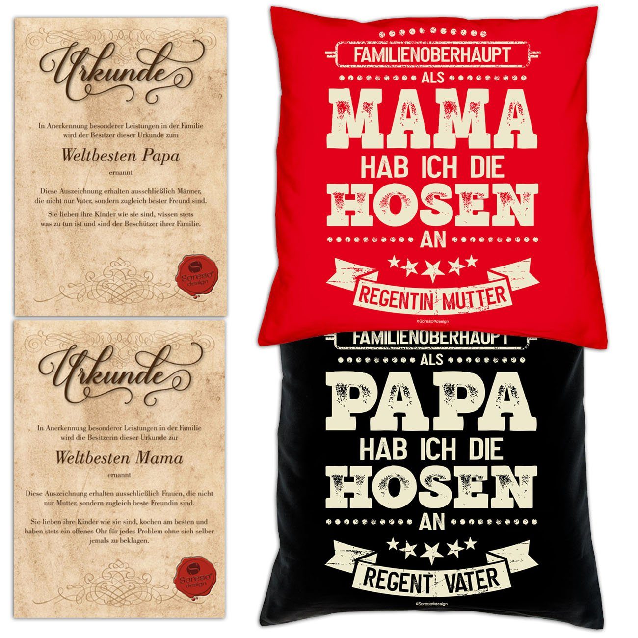 Soreso® Dekokissen Kissen-Set Als Papa hab ich die Hosen an Als Mama hab ich die Hosen an mit Urkunden, Weihnachtsgeschenk für Eltern rot