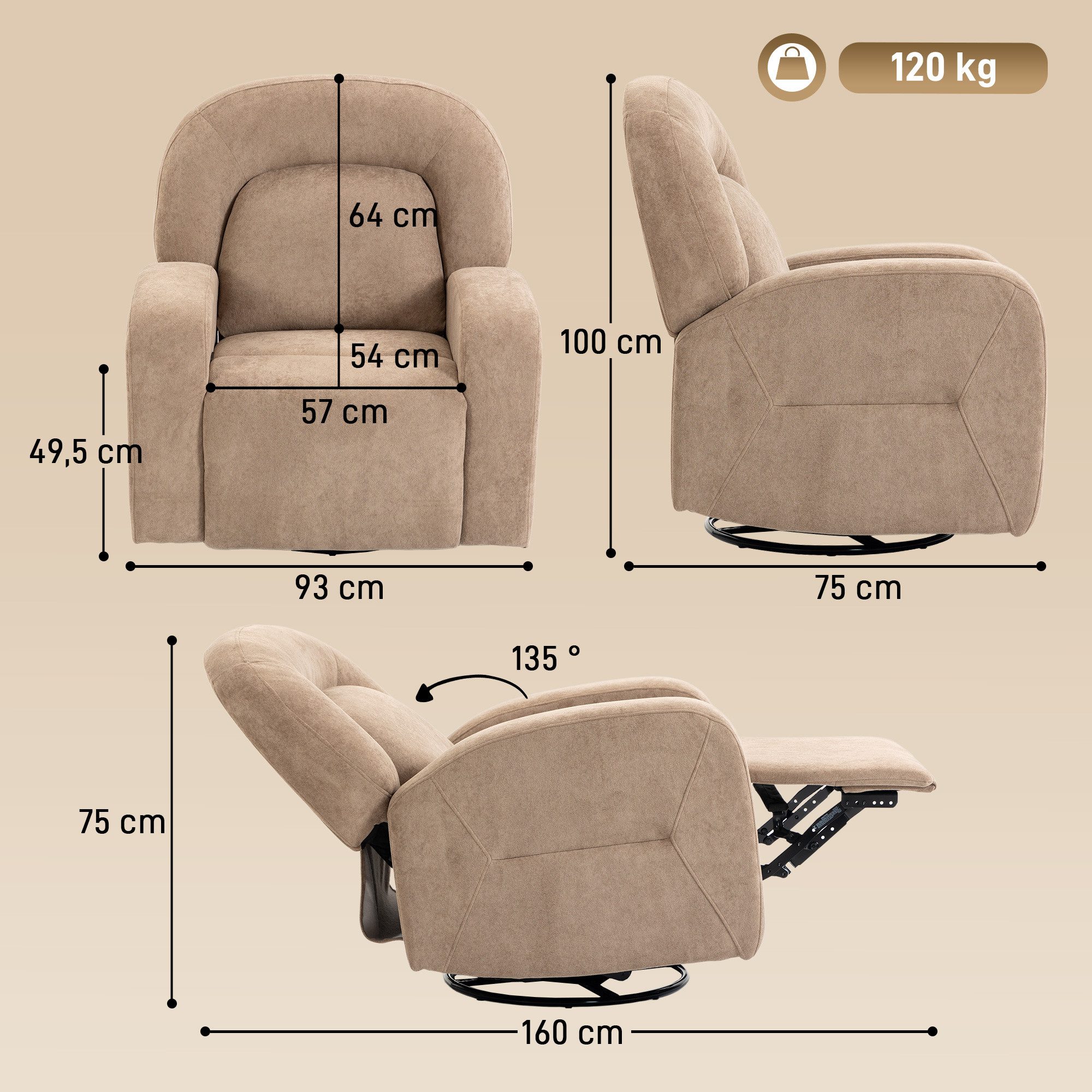 HOMCOM Relaxsessel Ruhesessel Drehbarer mit Breitem Sitz, Wolkenweicher Samt-Optik (Liegesessel, 1-St., TV Sessel), Liegefunktion, Drehfunktion, Schaukelfunktio – Bild 3 von 5