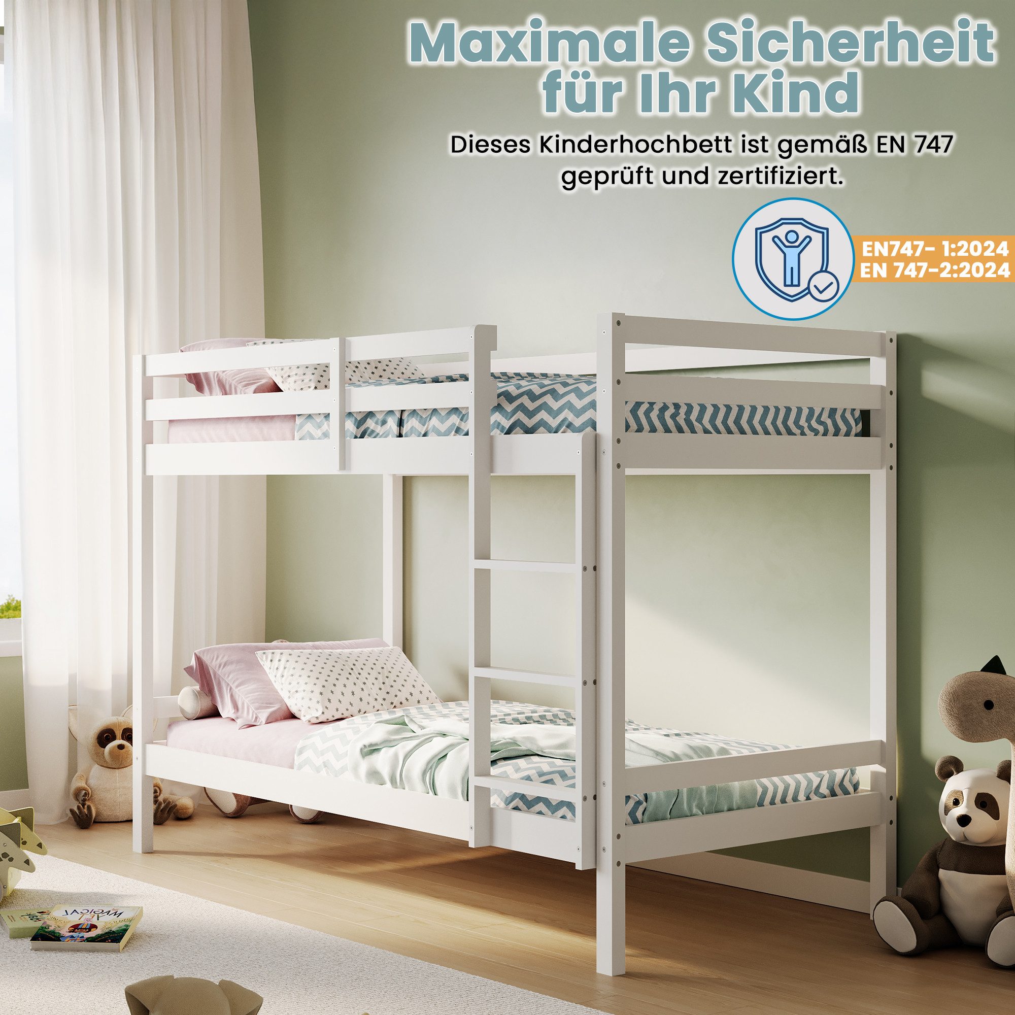 Kids Collective Loft Bed 90x200 Bunk Bed, EN 747 certified and space-saving design (with safe climbing) Bunk bed 206x96x146 cm, White