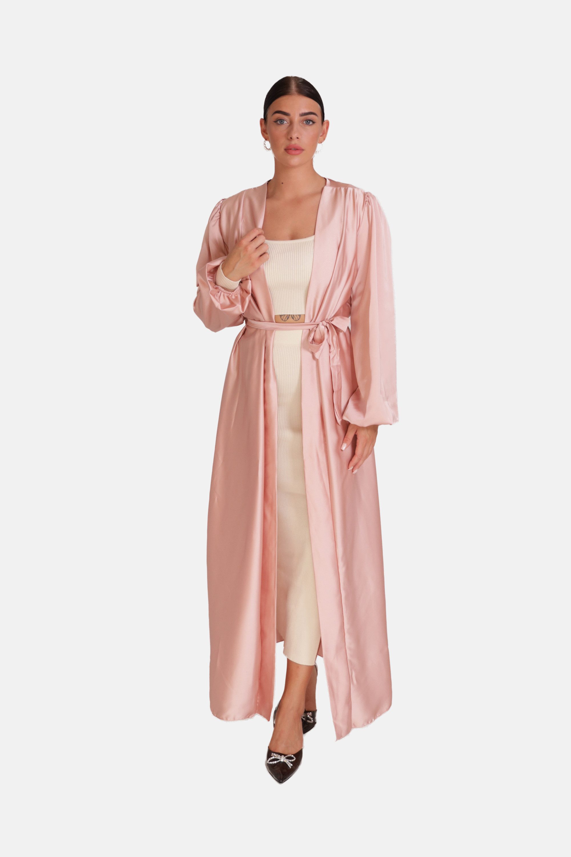 Elara Cardigan — Damen Kimono One Size in Satinoptik mit Bindegürtel