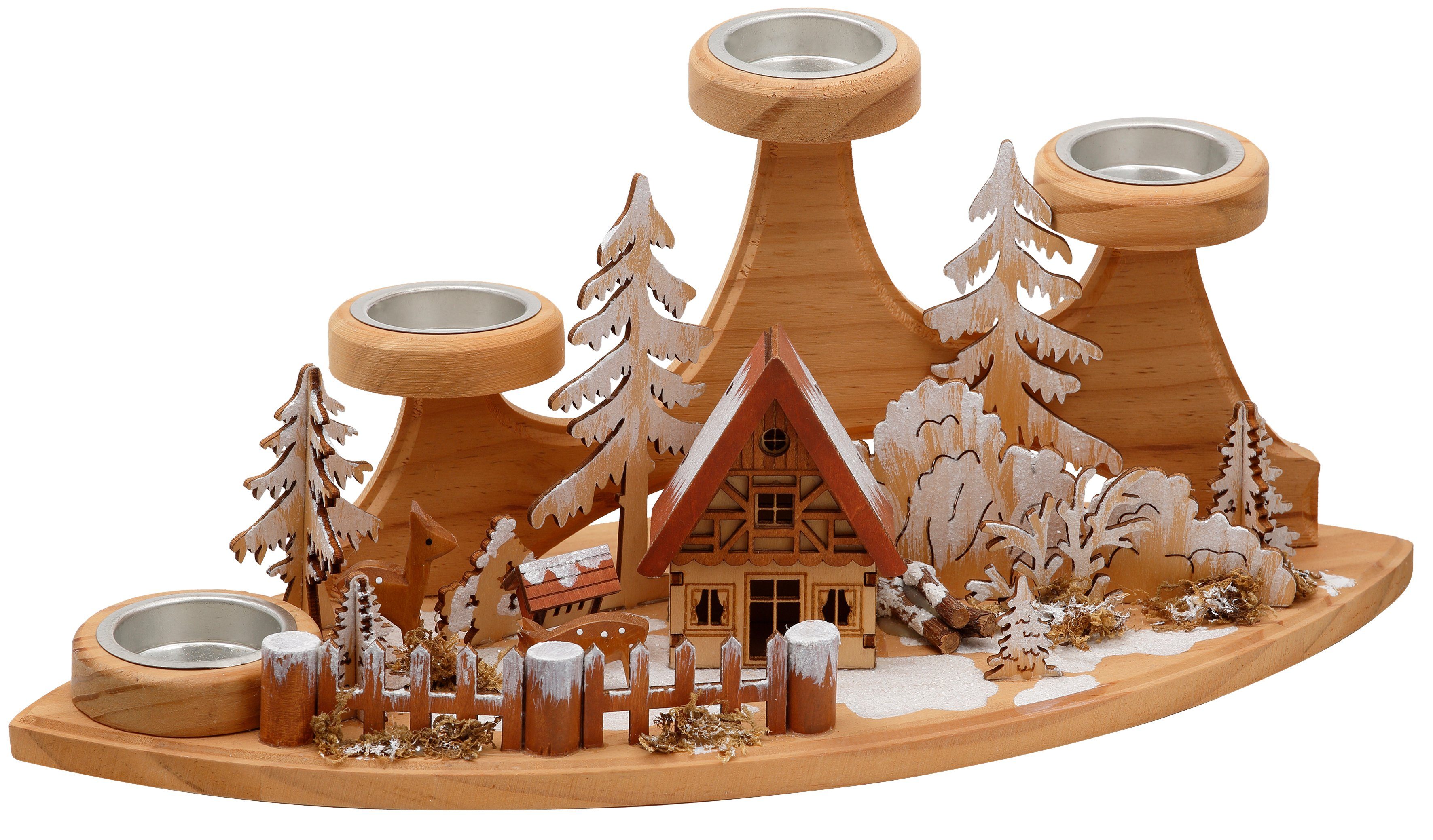 Home affaire Teelichthalter Winterlandschaft, Weihnachtsdeko aus Holz (1 St),  Adventsleuchter für 4 Teelichter, Breite ca. 37 cm