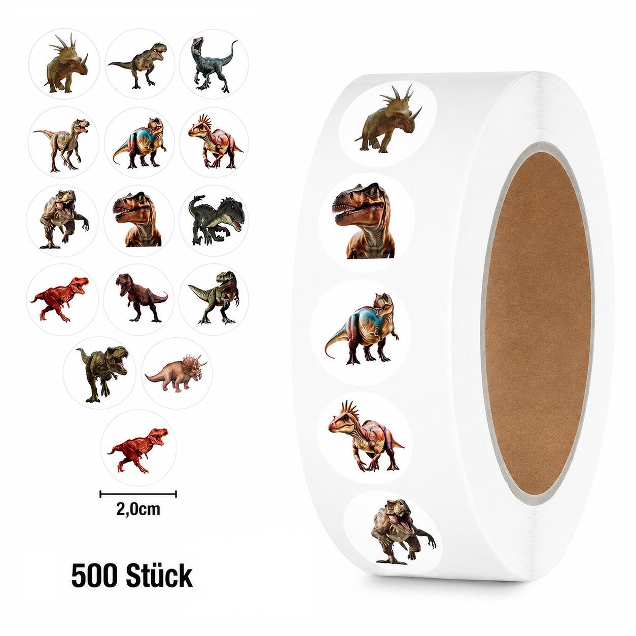 Ware aus aller Welt Sticker 500 Dino Sticker auf Rolle Ø 2 cm – 14 Motive für Kinder Aufkleber, (500-tlg)