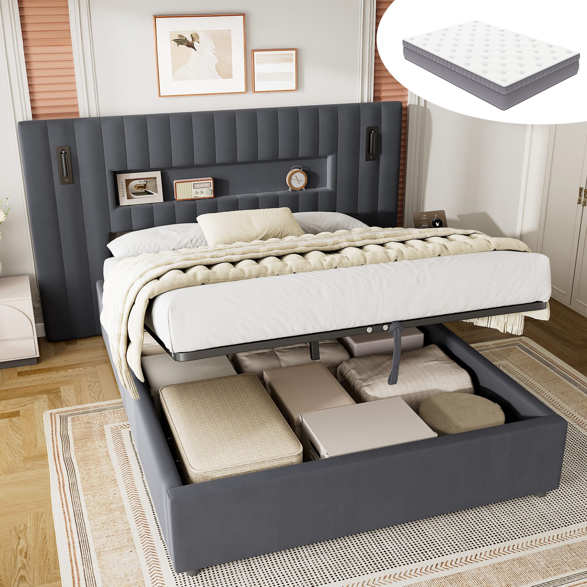 HAUSS SPOLE Polsterbett 140×200 Doppelbett mit Bettkasten,Jugendbett Samt mit Matratze,Grau (Doppelbett Funktionbett mit Samtstoff-Oberfläche und Polsterrahmen für Schlafzimmer, mit einer 25 cm dicken Matratze), Komfortbett mit Lattenrost und bereitem Kopfteil