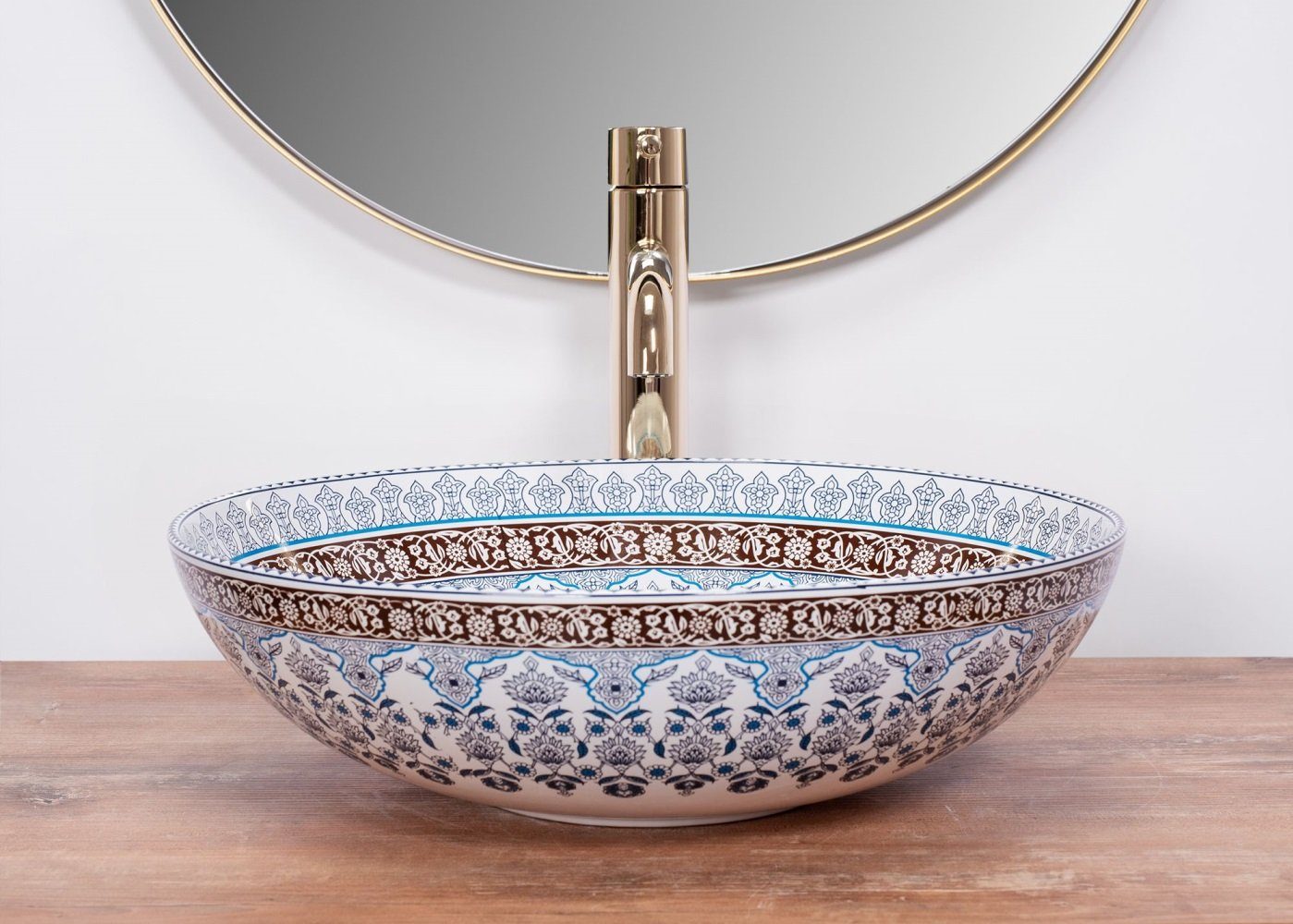 wohnwerk.idee Aufsatzwaschbecken Waschbecken Bunt Braun Blau Vintage Mexikanisch Ornamente Orientalisch