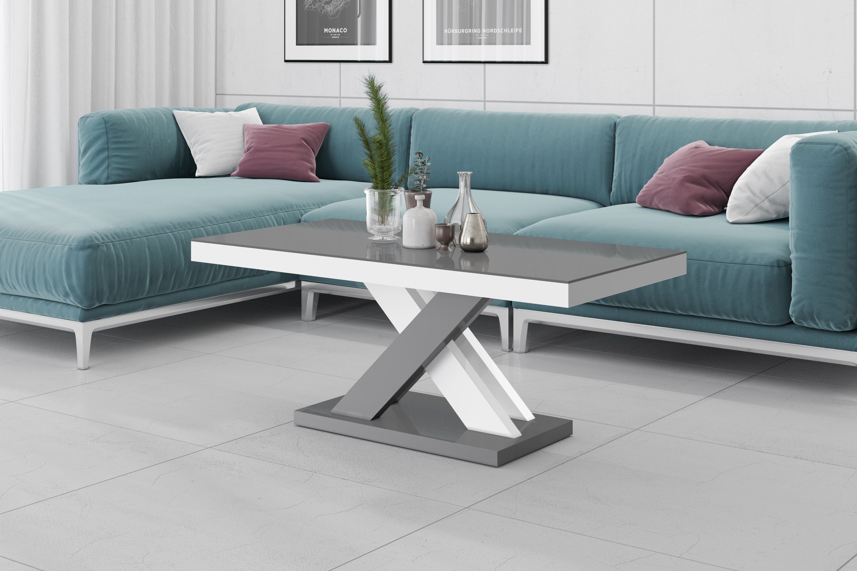 designimpex Couchtisch Design XLU-888 Grau / Weiß Hochglanz Tisch Wohnzimmertisch Grau Hochglanz / Weiß Hochglanz | Couchtische