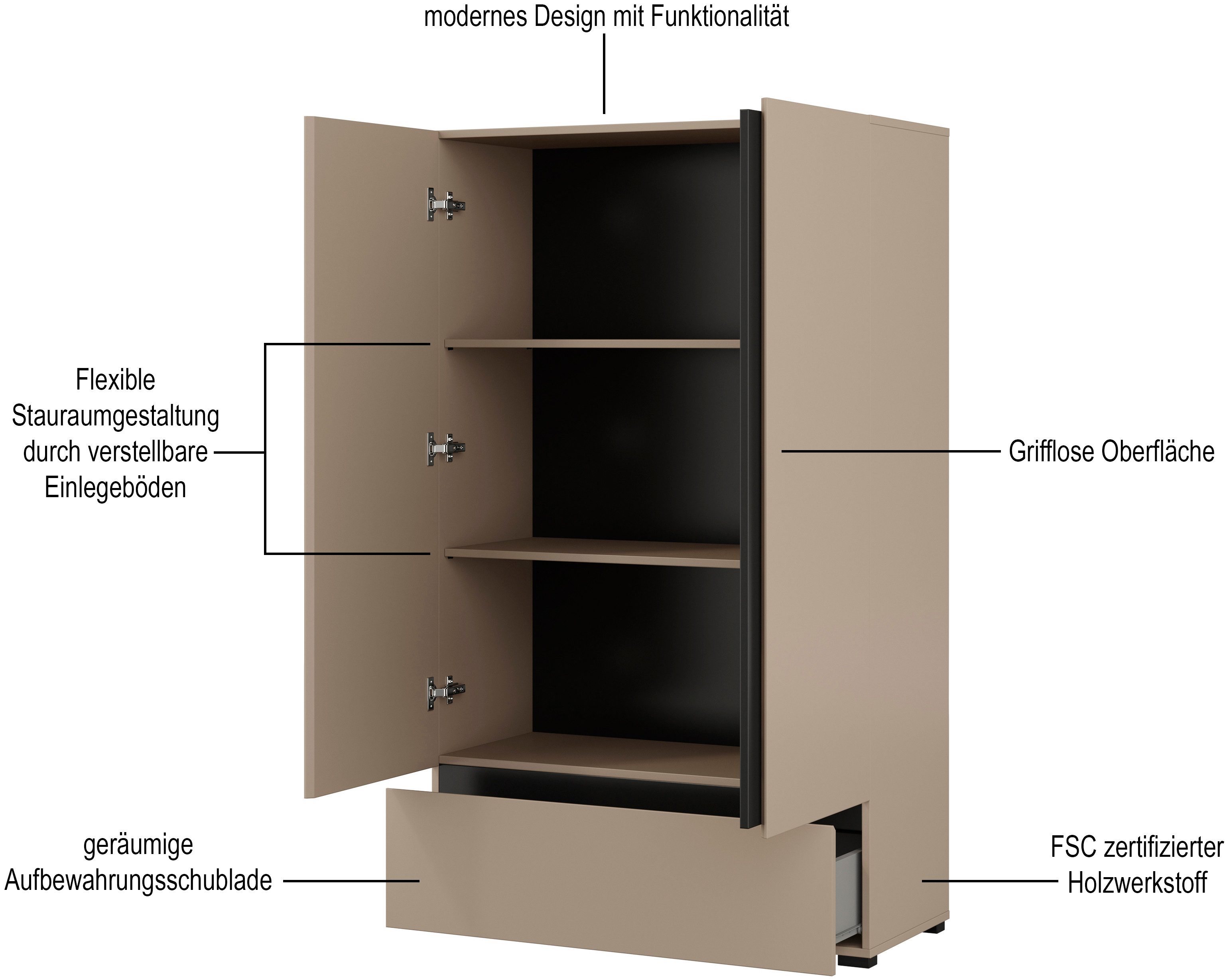 OTTO home Wäscheschrank Cross, moderner griffloser Kleiderschrank Mehrzweckschrank, Drehtürenschrank mit 1 Schublade, 3 Farben verfügbar