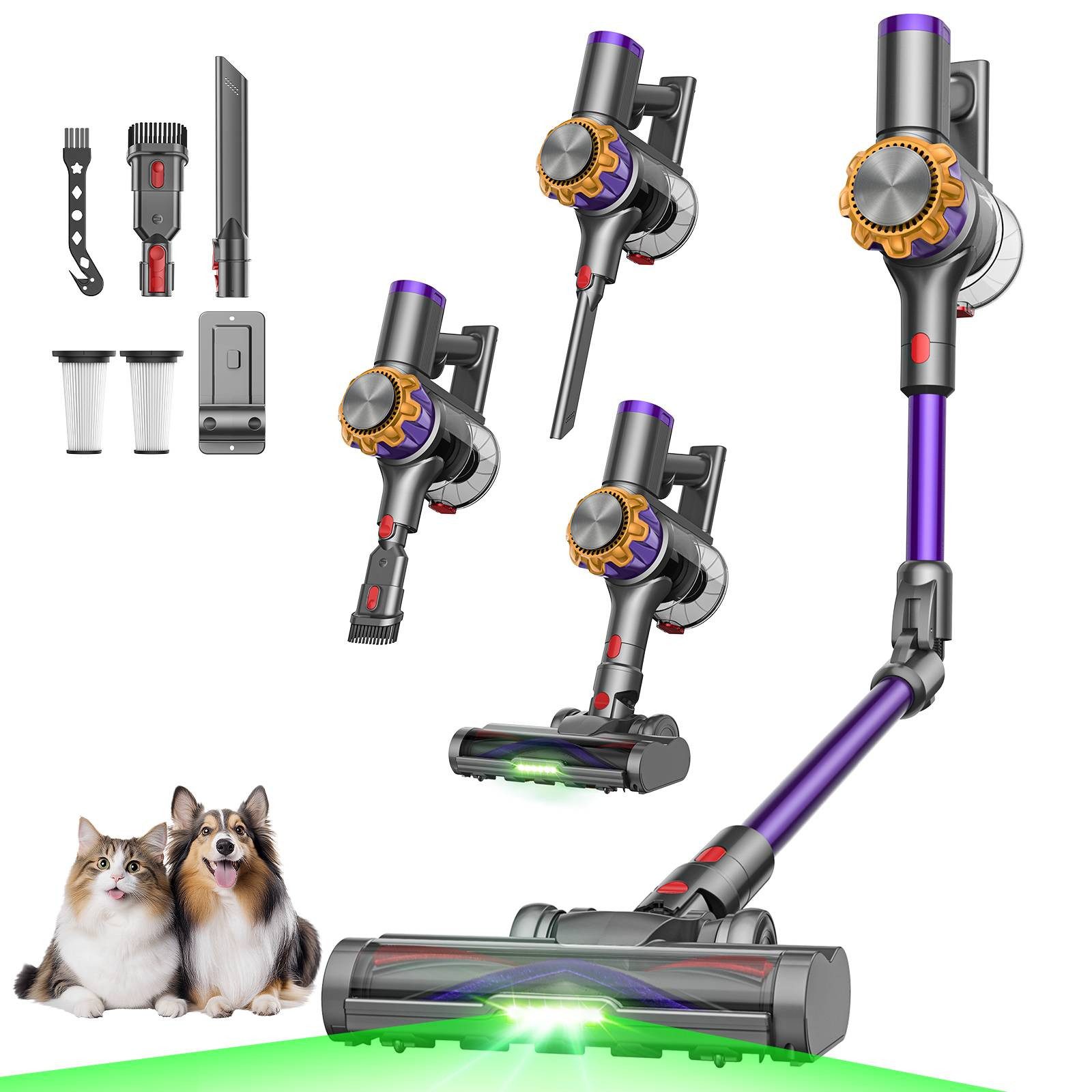FOSMET Akku-Hand-und Stielstaubsauger 75000Pa Akkustaubsauger 600W/70Min. Staubsauger Kabellos freistehend, 1,2L Elektrischer Staubsauger Flexibles Biegegelenk,Anti-Tangle Bürste, 7-fach Filtersystem,OLED Display für Böden/Teppiche/Auto/Allergiker