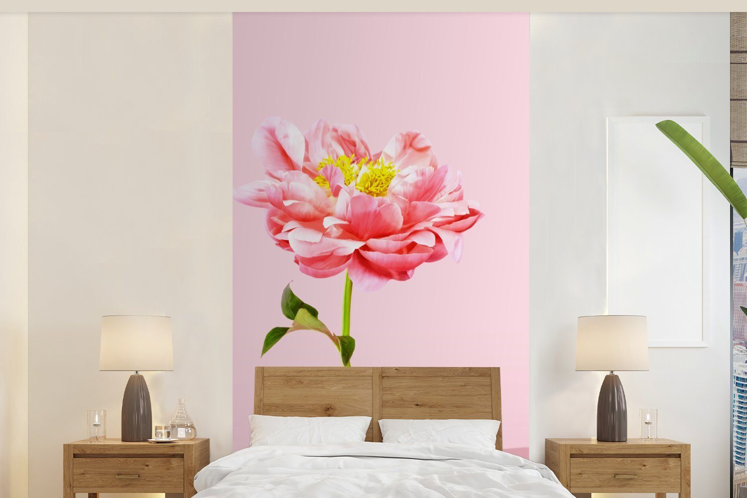 MuchoWow Fototapete Rosa Pfingstrose auf einem rosa Hintergrund, Matt, bedruckt, (2 St), Vliestapete für Wohnzimmer Schlafzimmer Küche, Fototapete