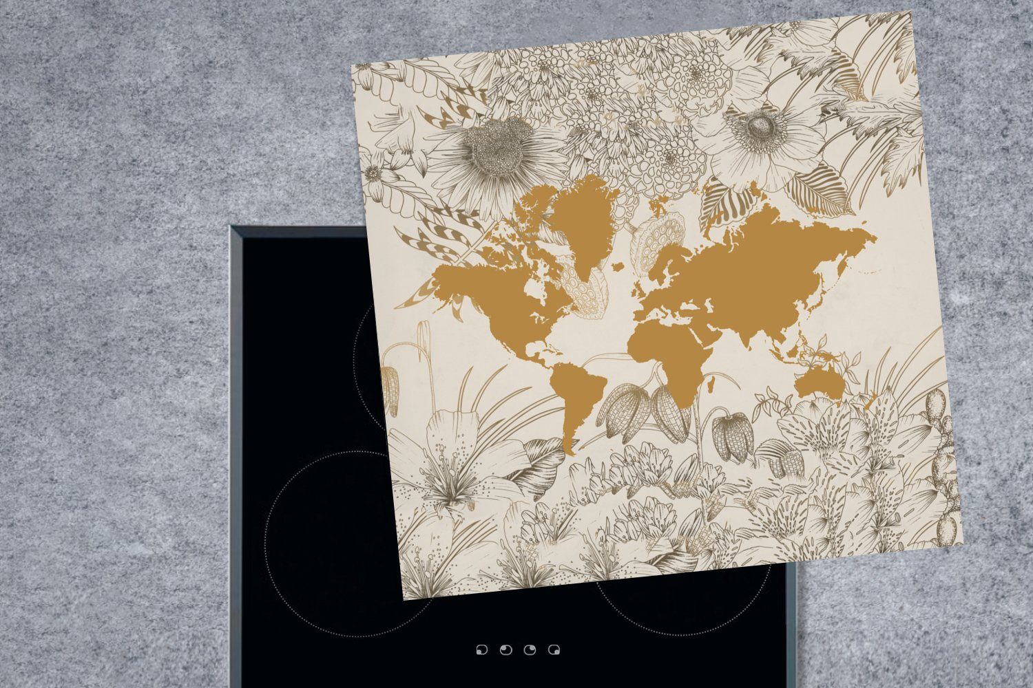 MuchoWow Herdblende-/Abdeckplatte Weltkarte Ceranfeldabdeckung, Vinyl, 78x78 küche Gold, - Arbeitsplatte - (1 für cm, Blume tlg)