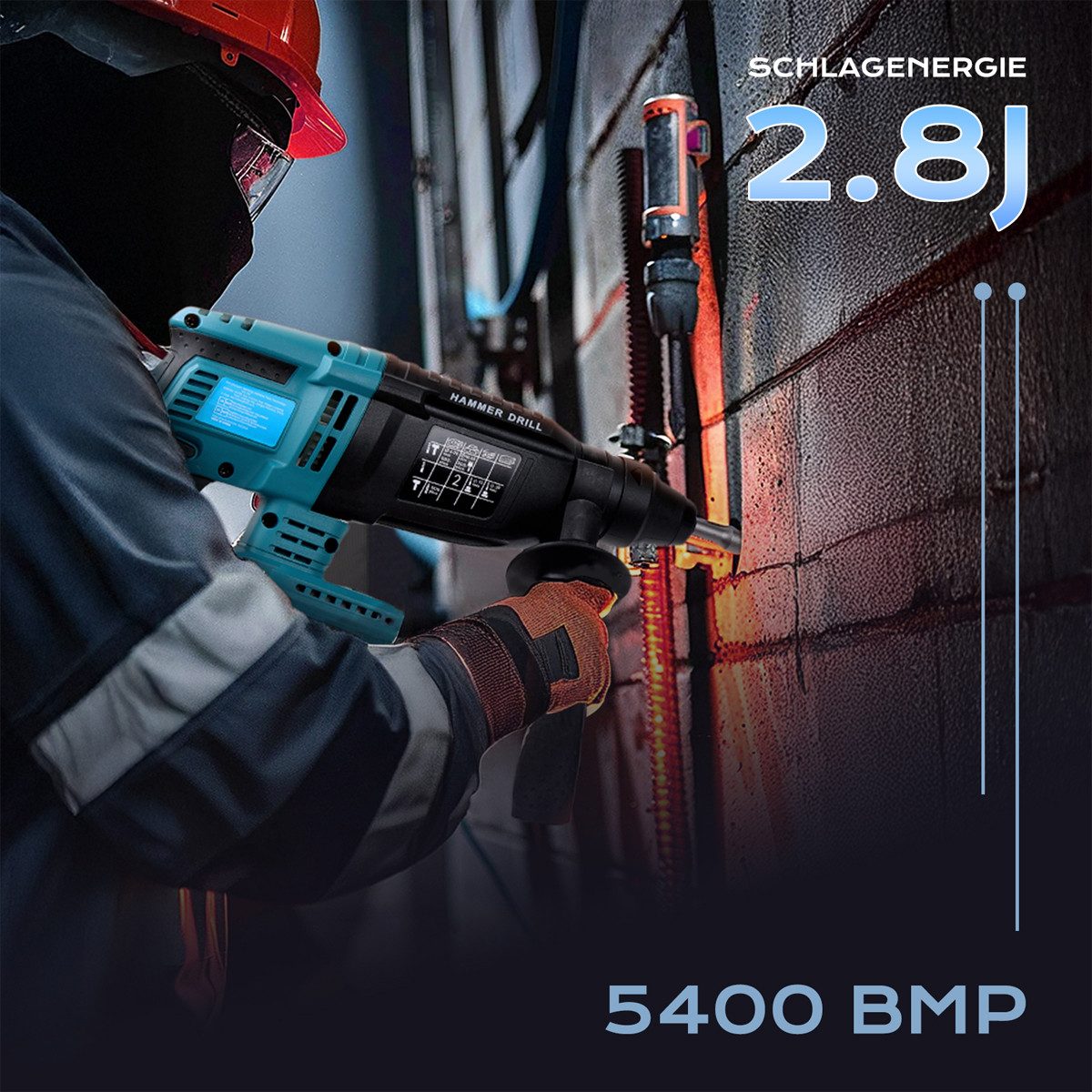 AeroAxis Akku-Bohrhammer 3 in 1 900W Bürstenloser Bohrhammer Motor für Beton, Mauerwerk, Wände, 21 V, max. 1500 U/min, (Set, 2 x Meißelbohrer, 3 x Bohrer, 1 x Staubschutz, 1 x Schutzbrille), 2 * 4000mAh Akku, 360°-Drehgriff für den Heimgebrauch und Bauarbeiten