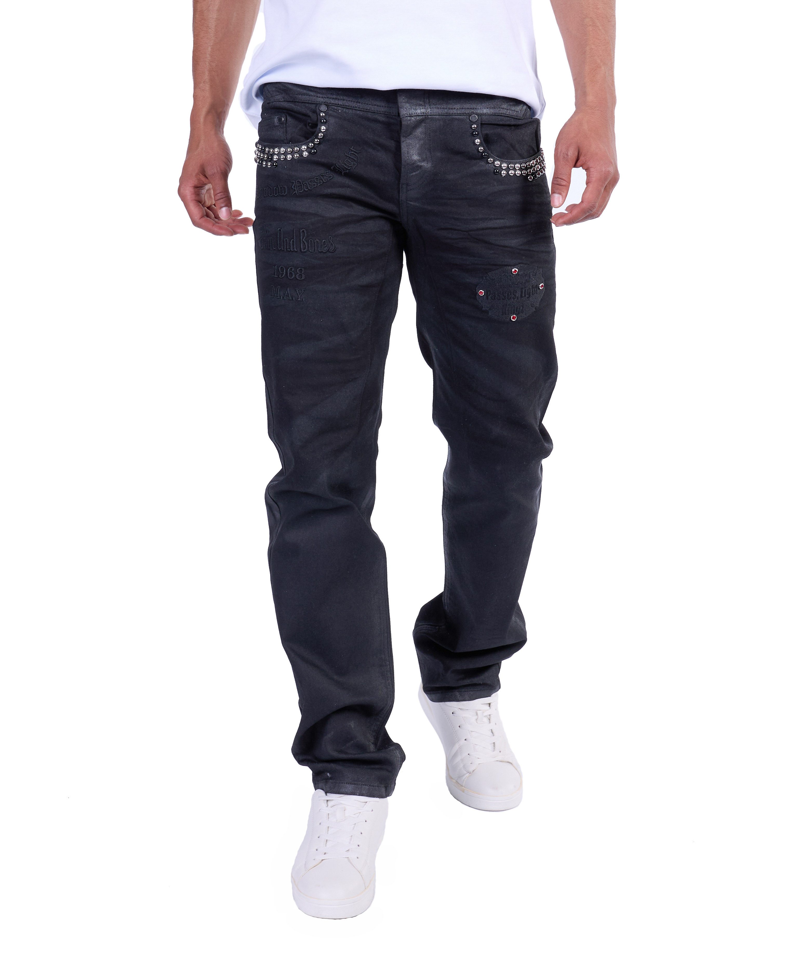 KINGZ Regular-fit-Jeans Ausgefallene KINGZ Herren Nieten Jeans Schwarz XL günstig online kaufen