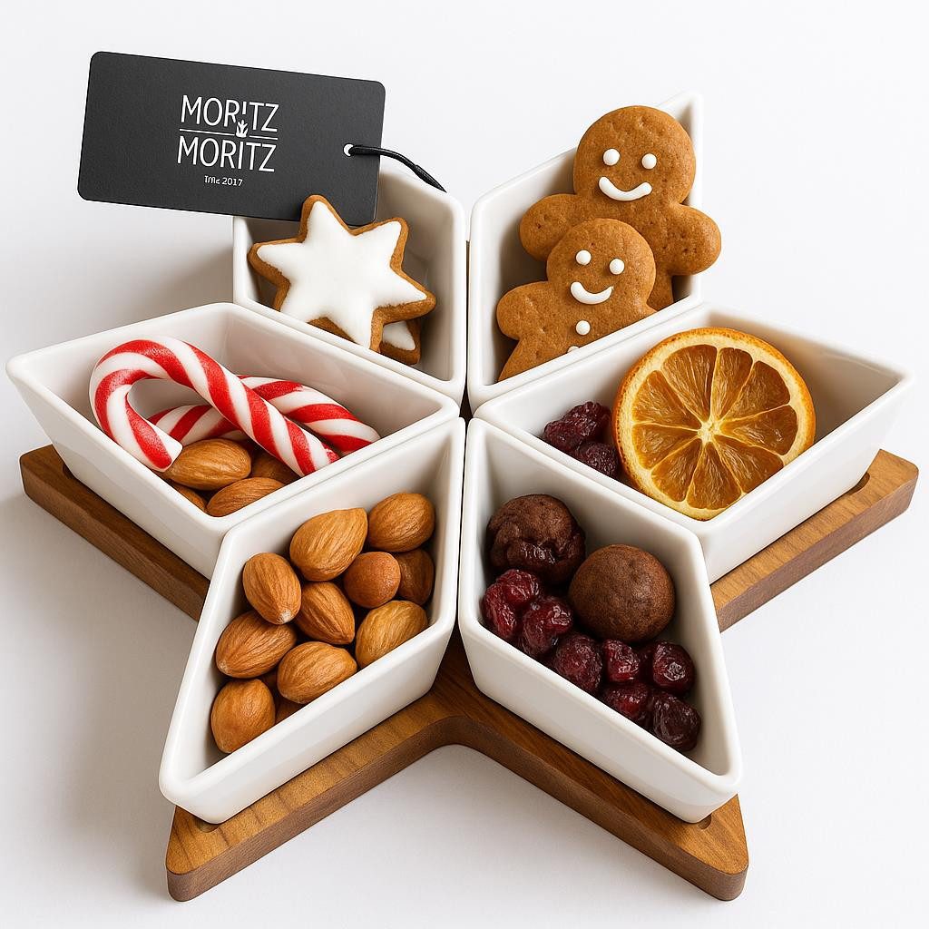 Moritz & Moritz Servierschale Servierschalen Set Stern, Keramik, Akazienholz, (Set, 7-tlg), Weihnachtliches Stern Motiv