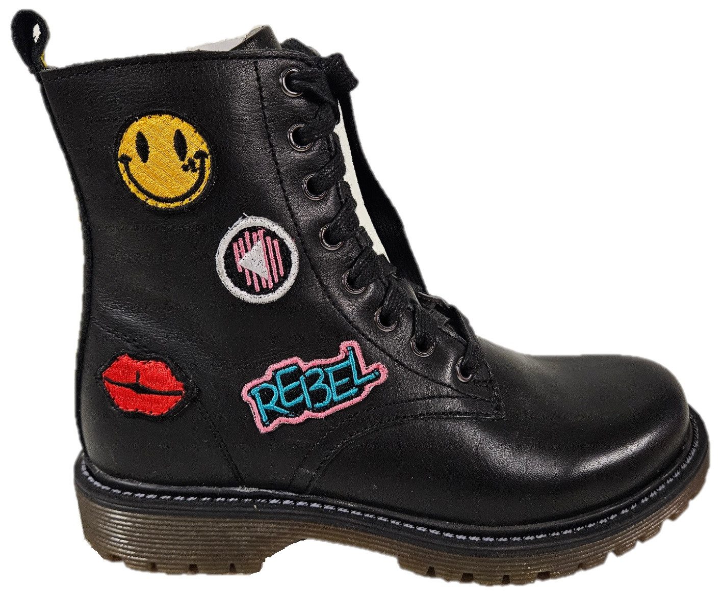 Braqeez Kinder 41771 – Leder Combat Boots schwarz rutschfeste Gummisohle Bikerboots aus echtem Leder