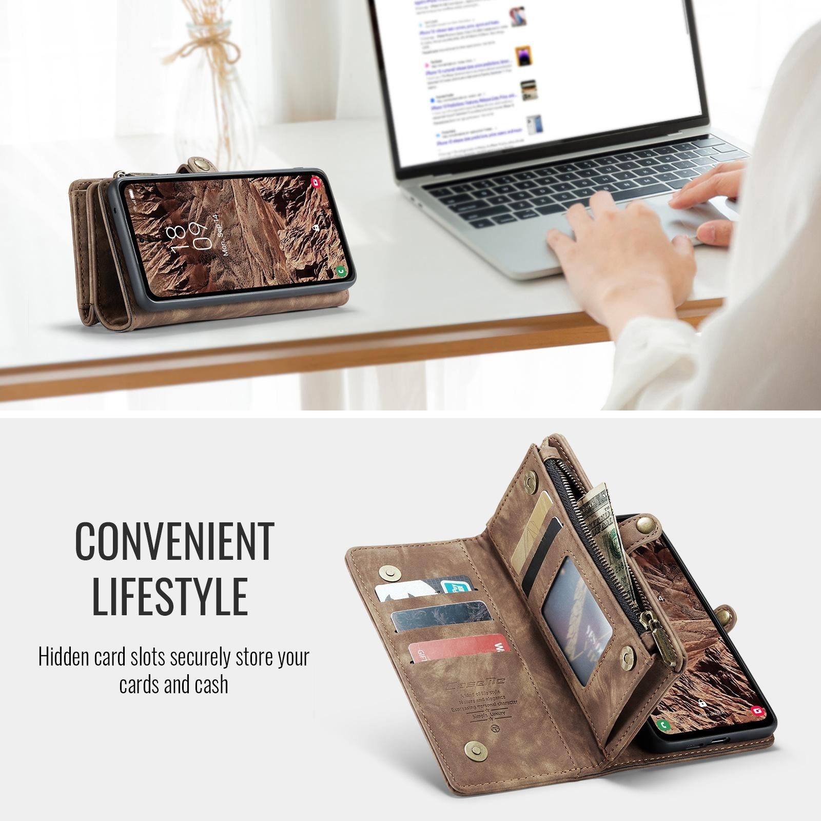 CaseMe Handyhülle Für Samsung Galaxy S25 5G Kunstleder Multifunktion Tasche Hülle Braun, Kunst-Leder Schutz Tasche Smart Case Multifunktion