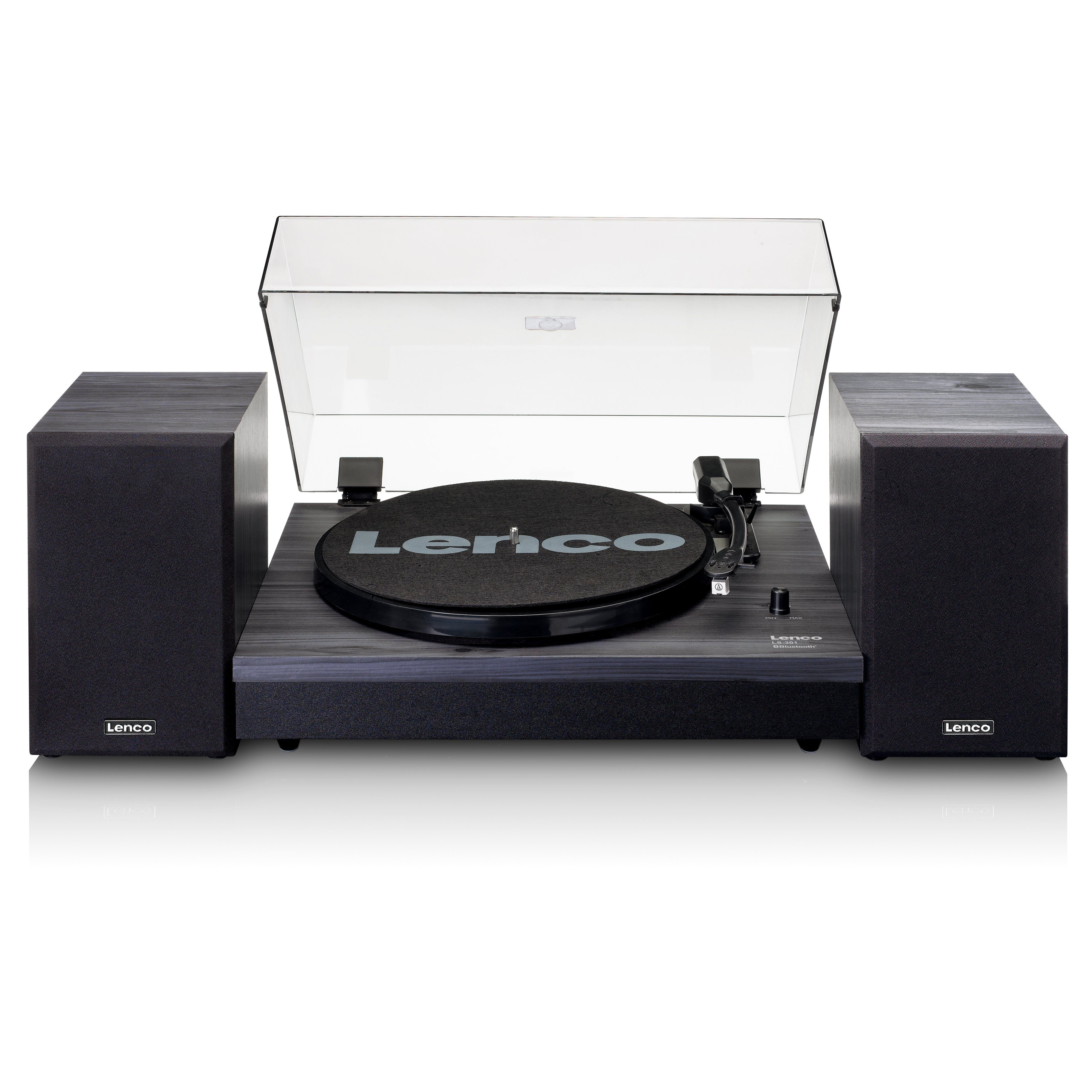 Lenco LS-301BK Plattenspieler (Riemenantrieb, Bluetooth, Bluetooth, 33/45 U/min, Cinch-Connect & externe Holzlautsprecher)