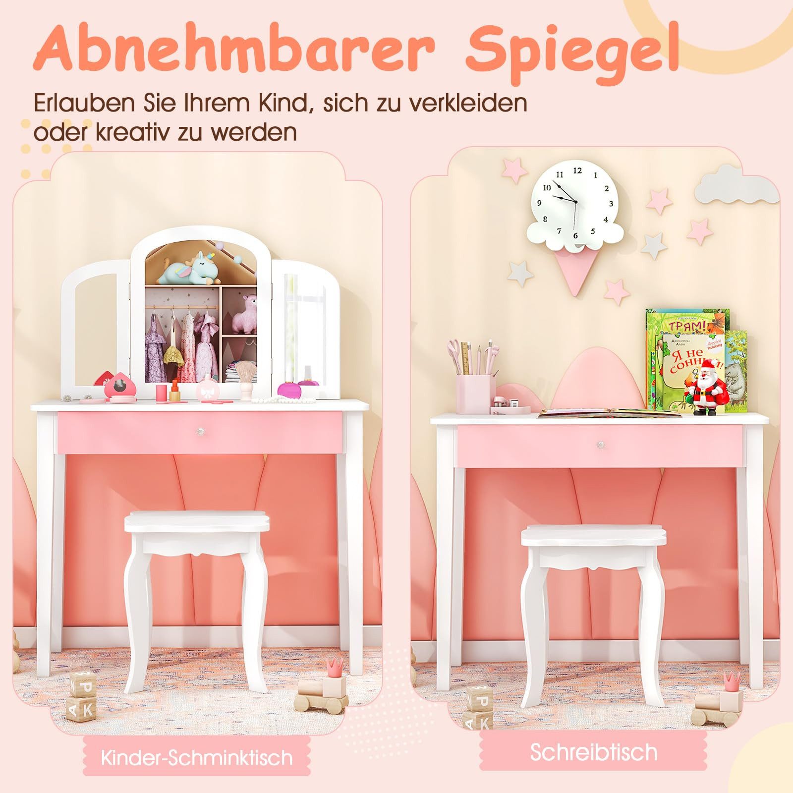 COSTWAY Schminktisch Kinder, mit Spiegel & Hocker, holz