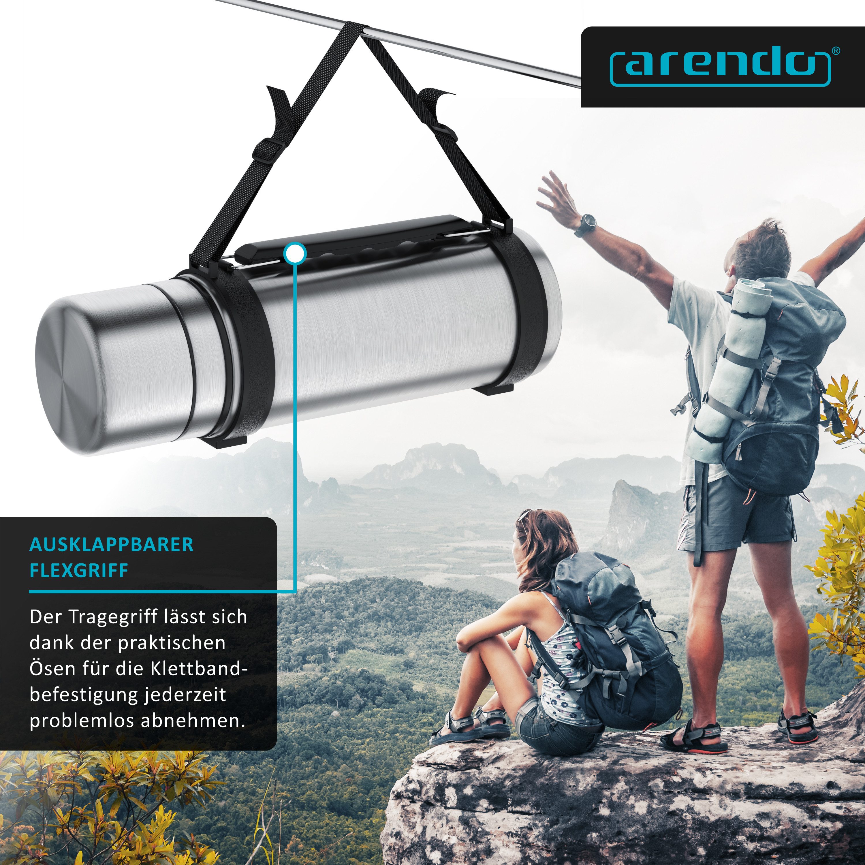Arendo Thermoflasche 1 L Isolierflasche mit 2 Tassen, Edelstahl Trinkflasche für Unterwegs, kohlensäuregeeignet, inkl. 2 Becher, BPA-frei, auslaufsicher – Bild 5 von 5
