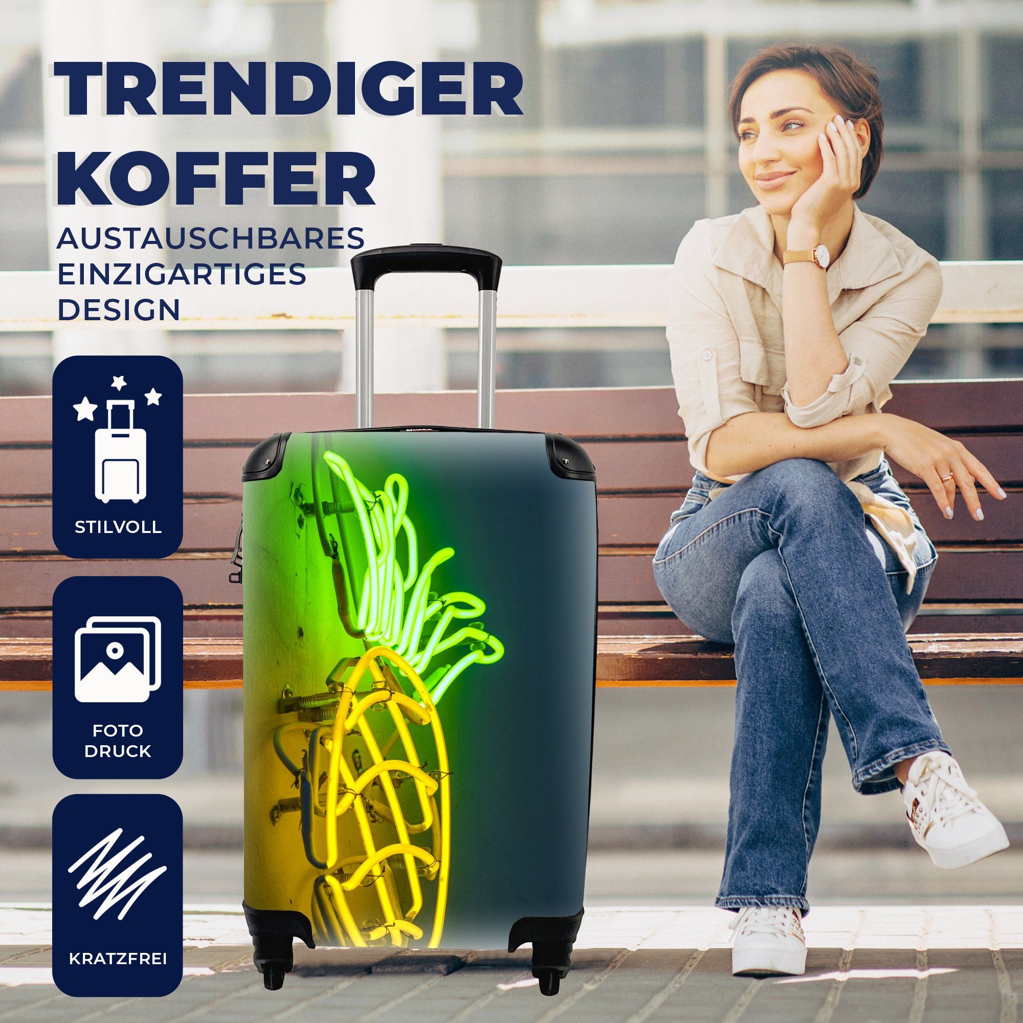 4 Neon für Reisetasche Trolley, Handgepäck mit rollen, - Ferien, Handgepäckkoffer Ananas Rollen, MuchoWow Reisekoffer - Lampe,