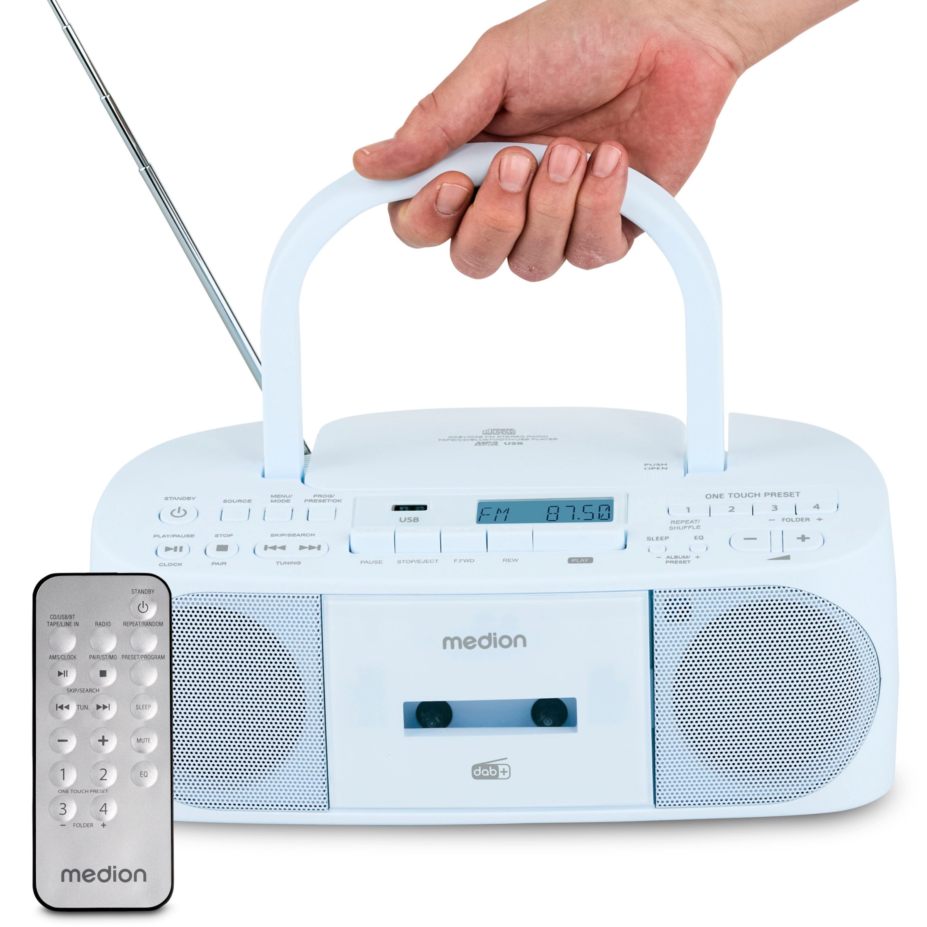 Medion® Boombox MEDION® LIFE® DRX-1 Plus (MD400003) CD-Radiorecorder (AM- / FM- Tuner, MW / UKW mit RDS, 3 W, Bluetooth® 5.4, AUX-In, Batteriebetrieb: 6 x 1,5 V, Kopfhöreranschluss)