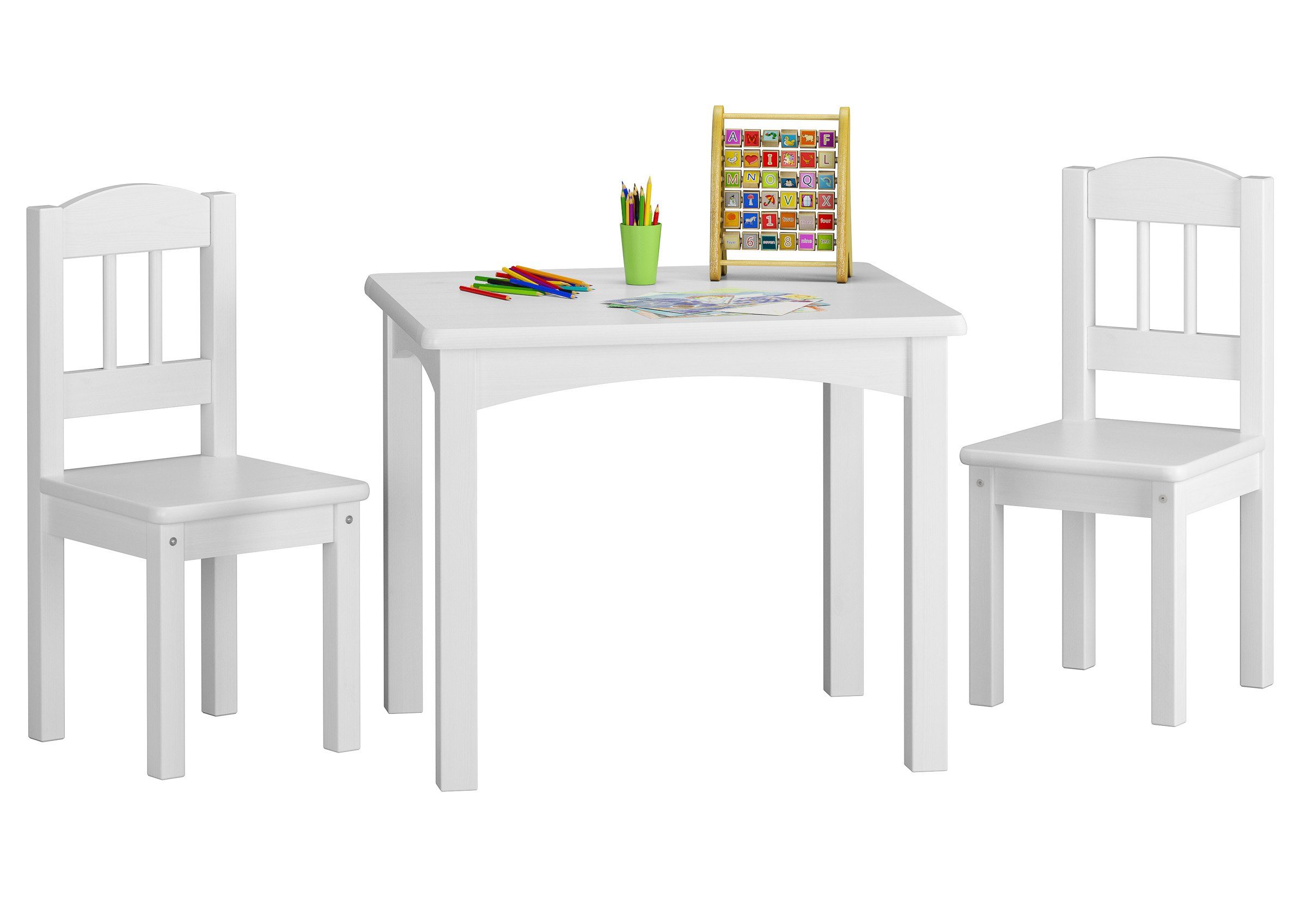 ERST-HOLZ Essgruppe Kindersitzgruppe in weiß oder Holzfarbe Massiv mit Tisch und 2 Stühlen Kiefer weiß