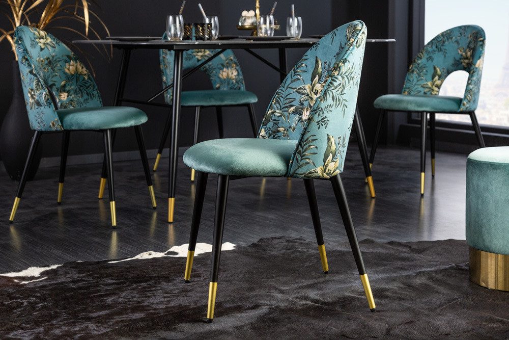 riess-ambiente Esszimmerstuhl PRÊT-À-PORTER türkis – Samt, florales Muster, goldene Fußkappen (Einzelartikel, 1 St), Retro-Stuhl mit Glamour-Effekt – ideal für  – Bild 2 von 5