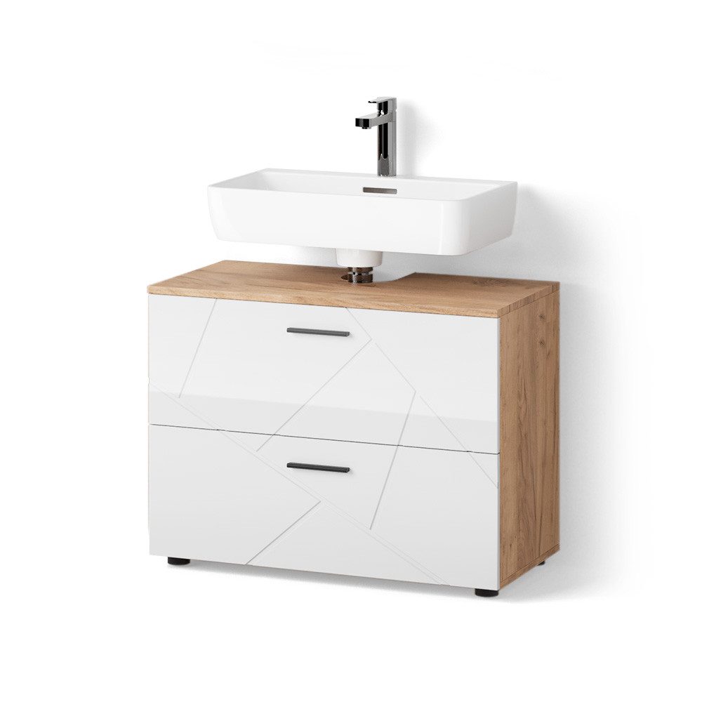 Livinity® Waschbeckenunterschrank Ronco, Weiß Hochglanz/Goldkraft Eiche/Gol günstig online kaufen