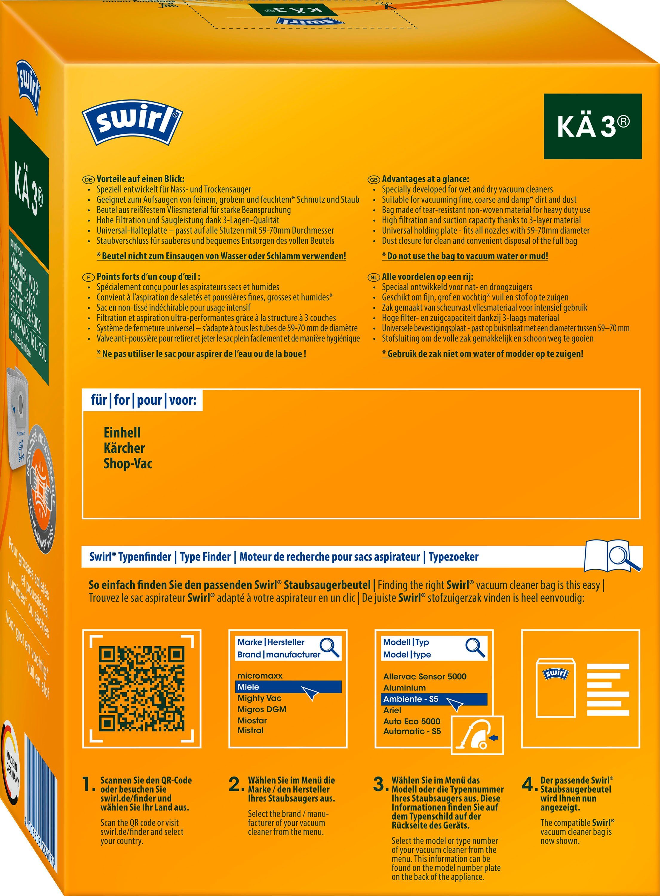 3®, & für Swirl Kärcher und St., Staubsaugerbeutel Trockensauger 3 Nass- Shop-Vac Staubsaugerbeutel KÄ