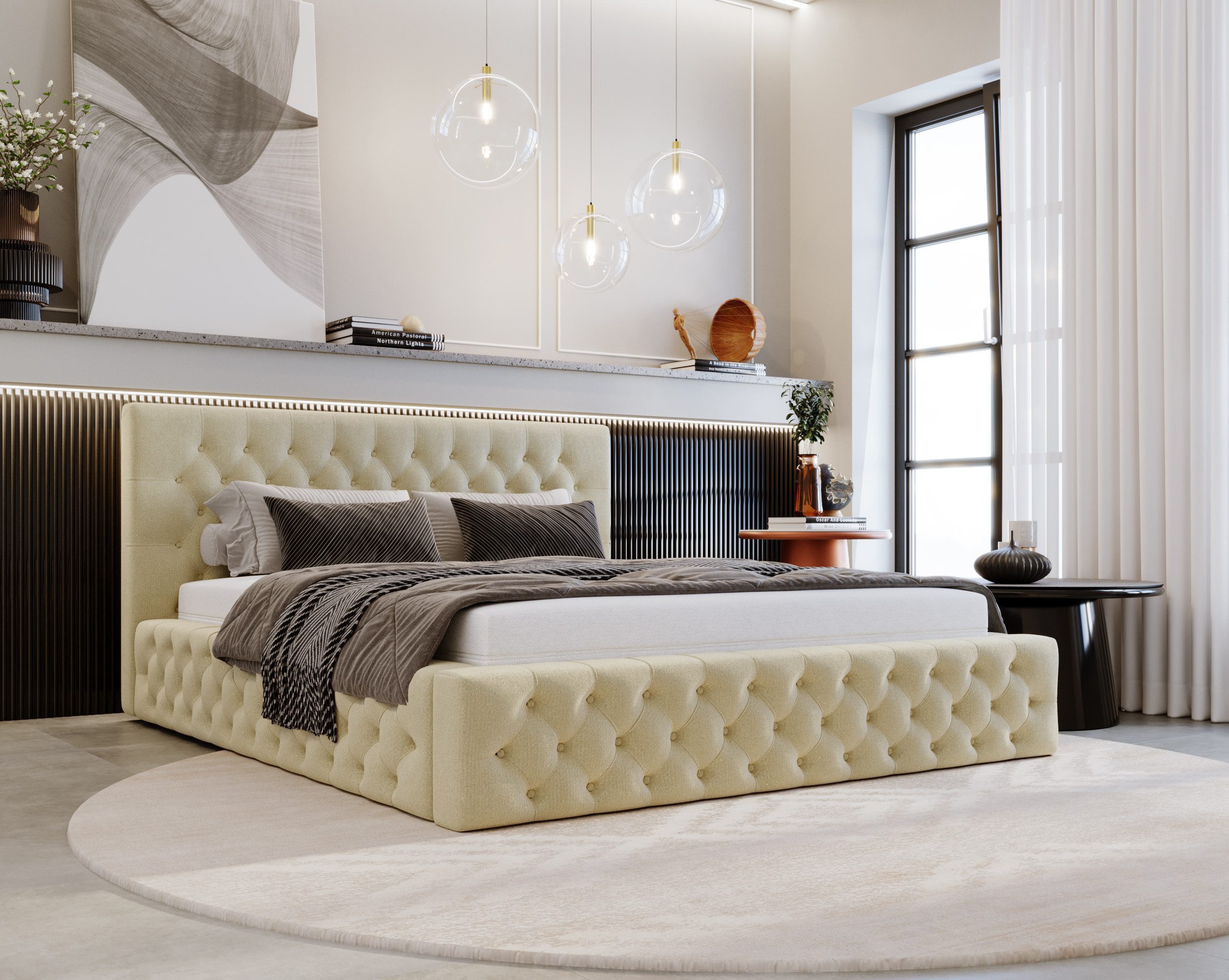 Goldstoff Polsterbett Chester mit gesteppter Rückenlehne – Samt, elegant, modern (Bett mit großen gepolstertem Kopfteil, mit Bettkasten zum aufklappen, Polsterbett), mit gepolstertem Kopfteil, Doppelbett- verfügbar 140x200 160x200 180x200 200x200cm), Verfügbar in 4 Größen - Chesterfield Stil – Modern & Elegant