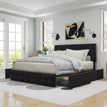 SOFTWEARY Polsterbett (Doppelbett mit 4 Schubladen und Lattenrost, 140x200 cm), Kopfteil höhenverstellbar, Leinen