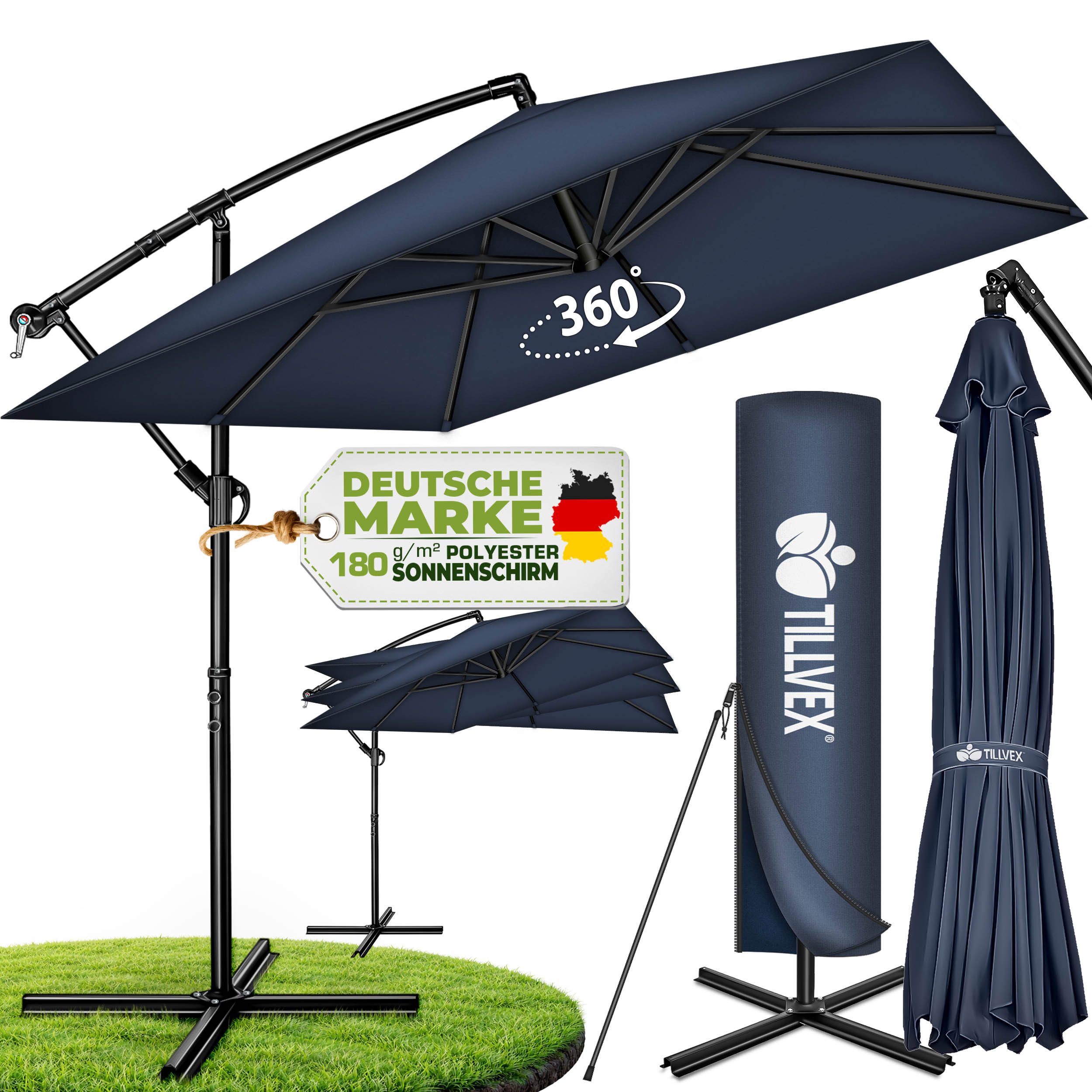tillvex Sonnenschirm tillvex® Sonnenschirm eckig 235 x 235 cm Ampelschirm Gartenschirm, Kurbelschirm Marktschirm wasserdicht 360° drehbar, mit Kurbel & Windschutz Gartenschirm Aluminium, Alu Ampelschirm Ø 330 cm Rechteckig + Abdeckung