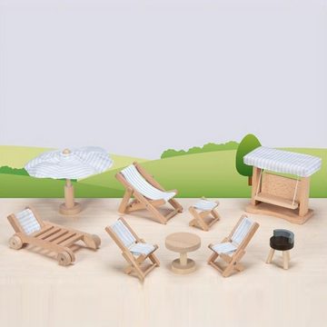 goki Puppenhausmöbel Puppengartenmöbel Weiß (9tlg., 9-teiligen Set), mit Grill, über Liegestühle und Sonnenschirm
