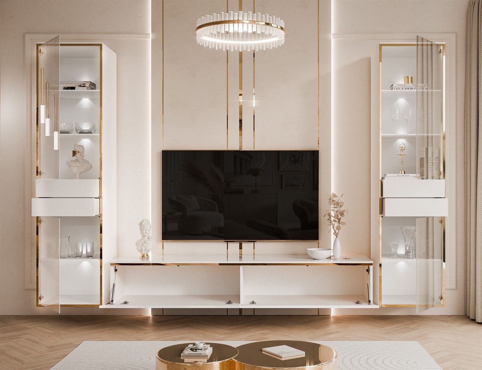 ALLHOUSE24 Wohnzimmer-Set Möbelset PEONY GOLD mit LED weiß Hochglanz Glasvitrine TV Schrank, (1x TV Schrank, 2 x Vitrinen), Fronten in Hochglanz, LED Beleuchtung