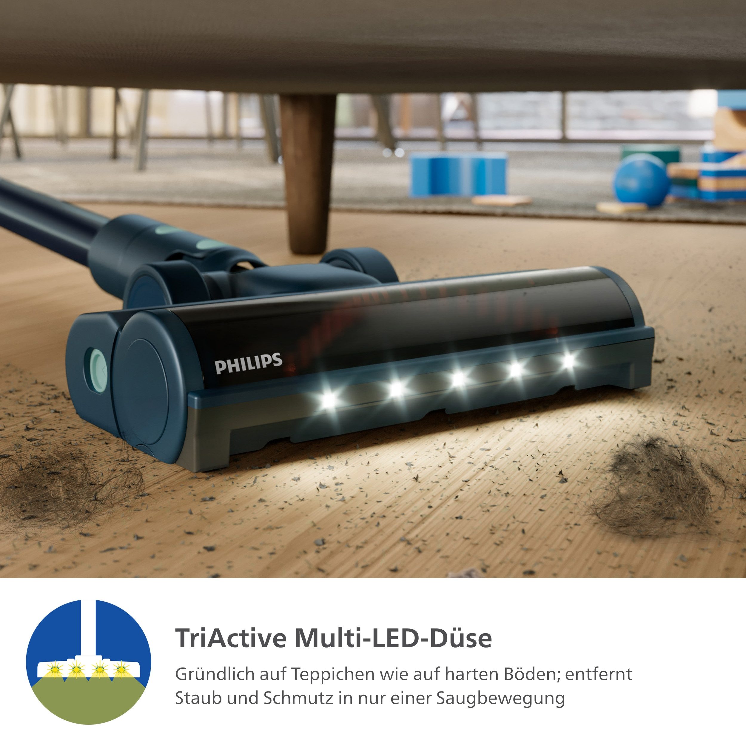 Philips Akku-Hand-und Stielstaubsauger XC5242/10 5000 Series „Teppichwunder“ mit Flexrohr, 50,4 W, beutellos, mit bis zu 60 Minuten Laufzeit und TriActive Multi-LED-Düse