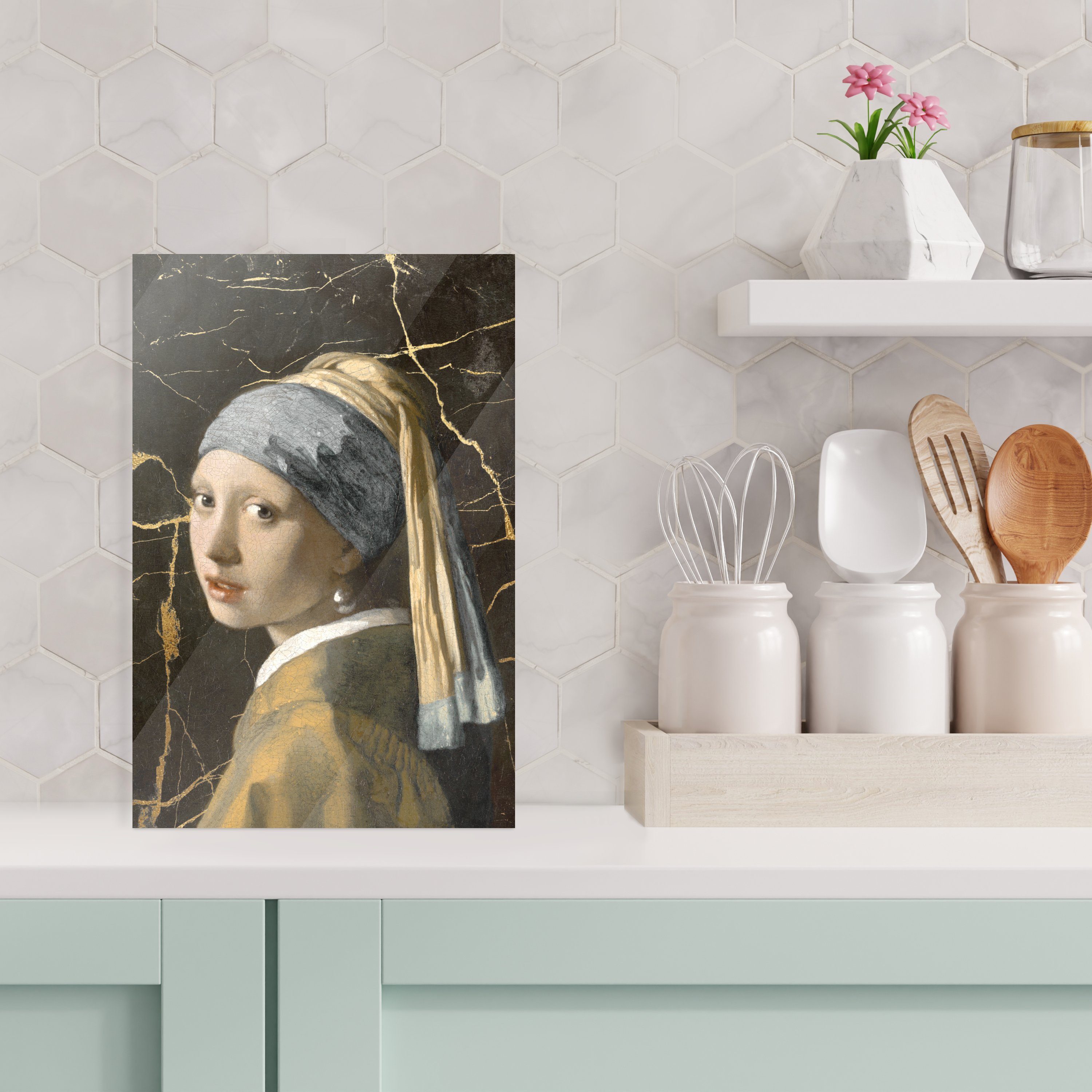 Glasbilder MuchoWow Perlenohrring auf Glas Johannes - - Wandbild auf St), einem - Gold, Mädchen Glas (1 Bilder Vermeer - mit - Acrylglasbild Foto Wanddekoration