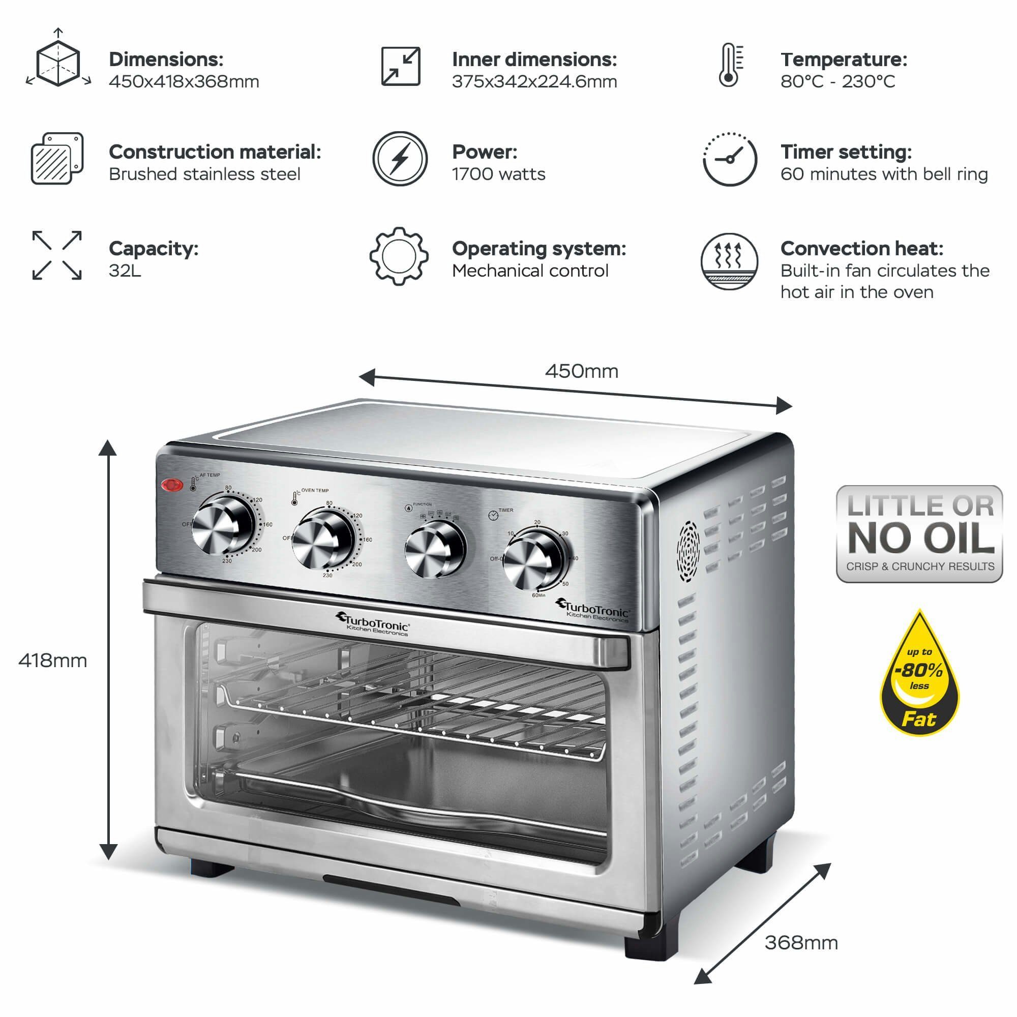 Minibackofen by mit silberfarben 32 für Mini AF32MRD TurboTronic Airfryer silber Hähnchen Power Liter Drehspieß 80°C Z-Line 4in1 XXL Heißluftfritteuse Backofen, ab