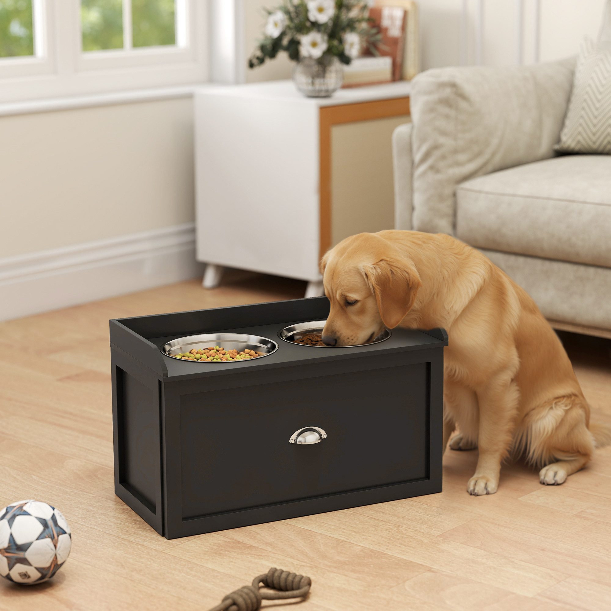 PawHut Futternapf erhöhte Futterstation mit 2 x 2L Schalen, Edelstahl, mit Schublade, für große Hunde mit einer Schulterhöhe von 50-60 cm