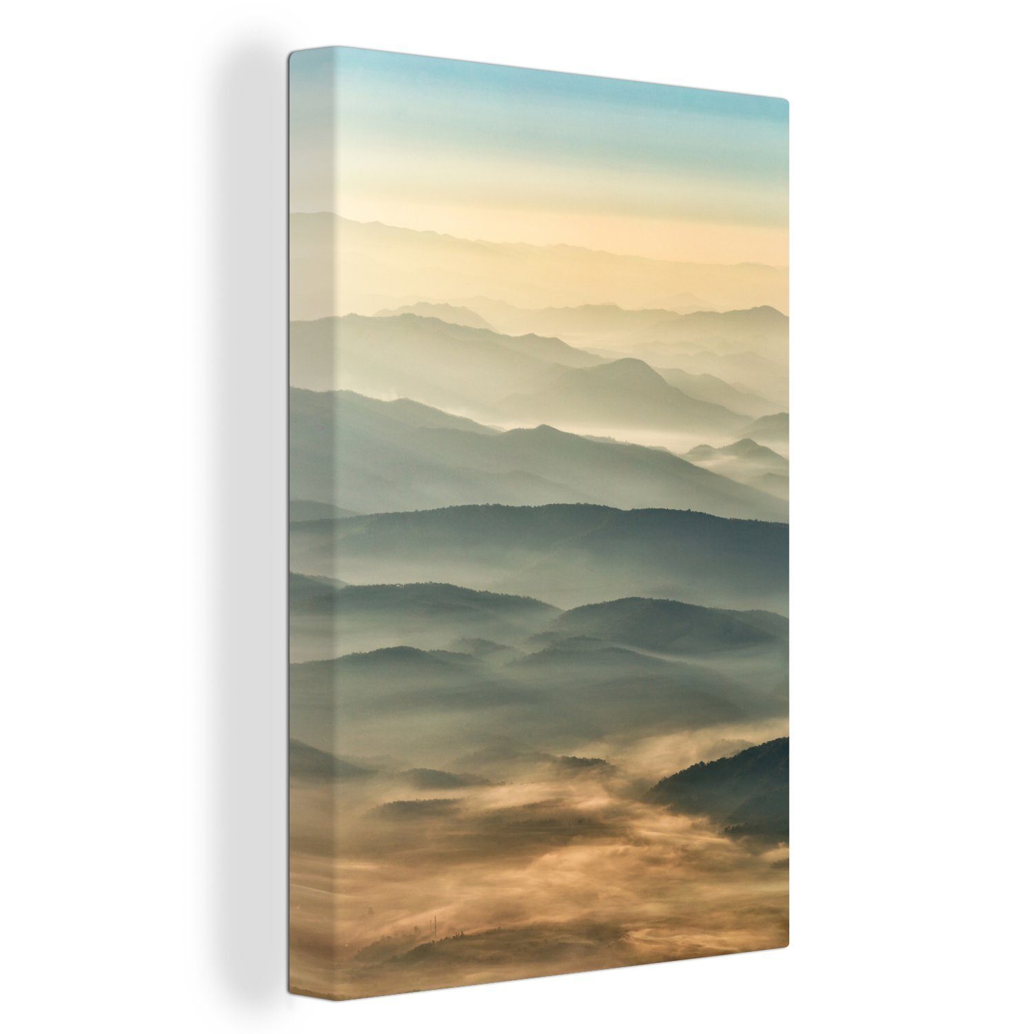 OneMillionCanvasses® Leinwandbild Silhouetten von Bergen über den Wolken am Morgen, (1 St), Leinwandbild fertig bespannt inkl. Zackenaufhänger, Gemälde, 20x30 cm
