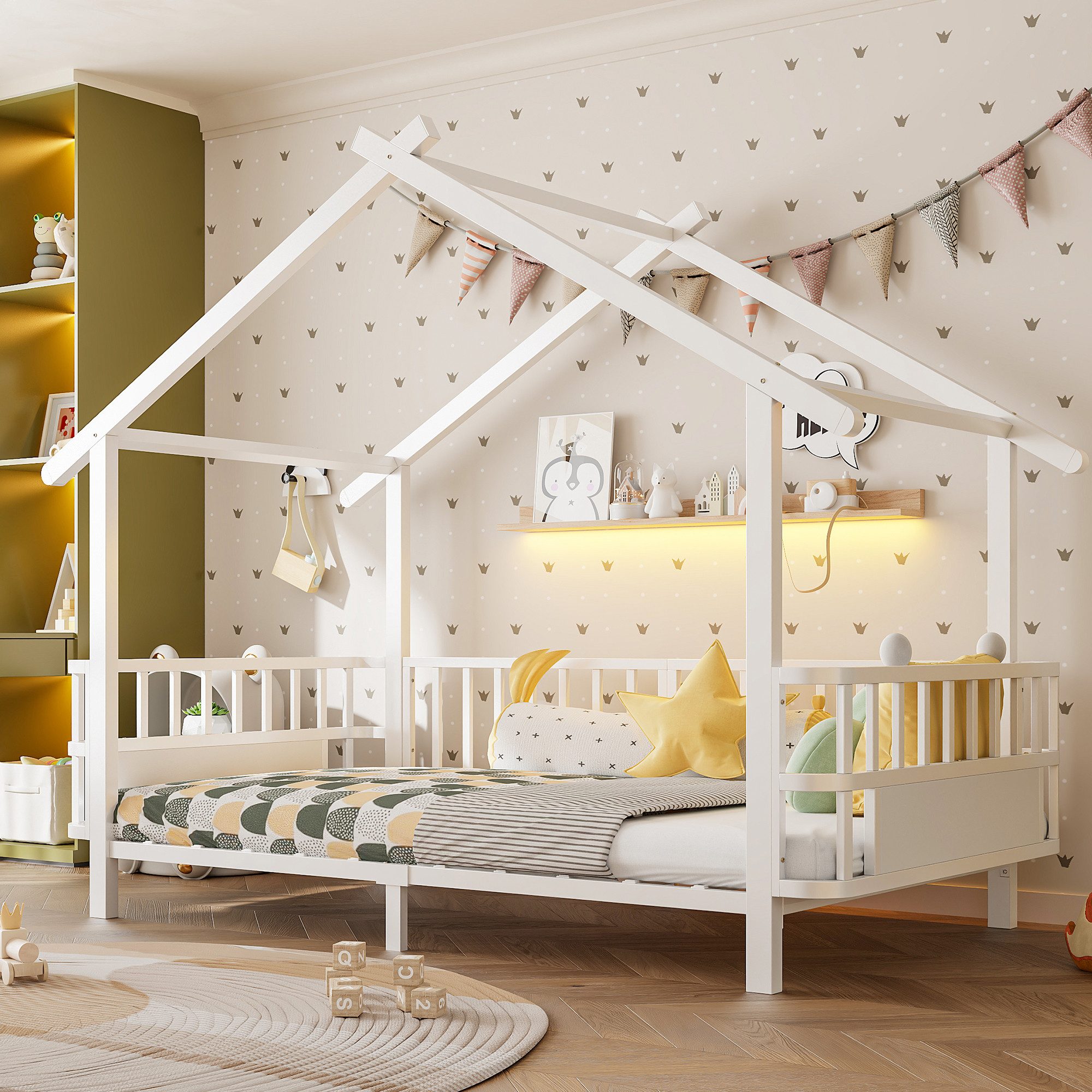 Celya Kinderbett aus Metall in Hausform, mit Sicherheitsgitter (ohne Matratze, mit Dachdesign und dekorativem Rahmen, für Jungen und Mädchen), ideal für Kinder- und Jugendzimmer