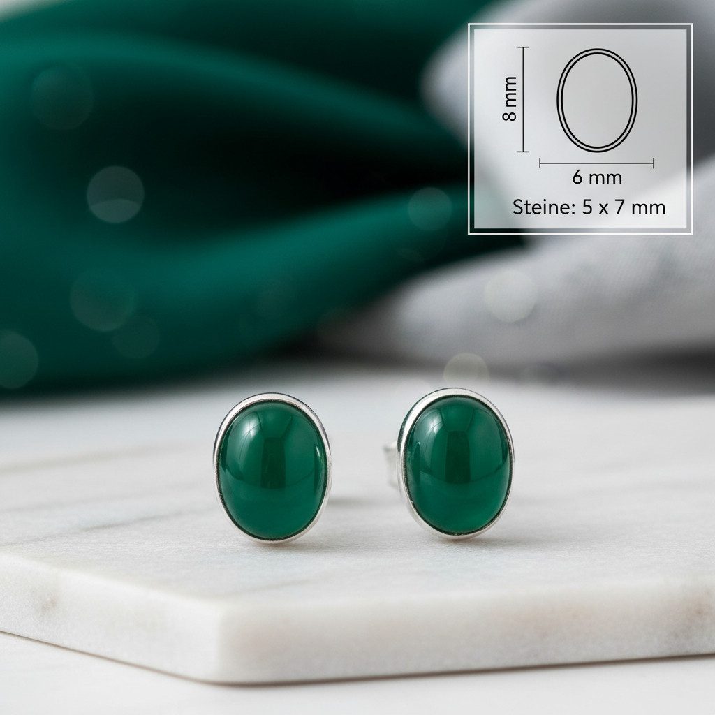 mantraroma Paar Ohrstecker SAMA oval aus 925 Silber mit grünen Onyx (Paar, Paar Ohrringe mit Schmuckbeutel), 925 Sterling Silber Ohrringe für Damen