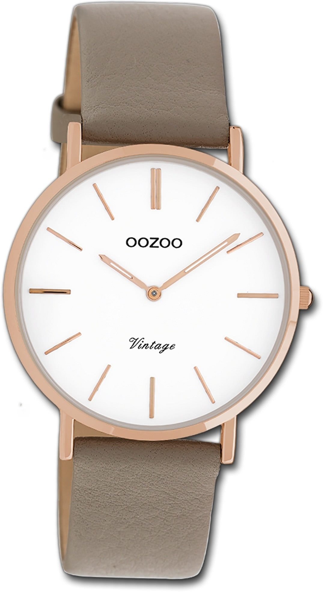 OOZOO Quarzuhr Oozoo Damen Armbanduhr Vintage Series, (Analoguhr), Damenuhr Lederarmband taupe, braun, rundes Gehäuse, mittel (ca. 36mm)