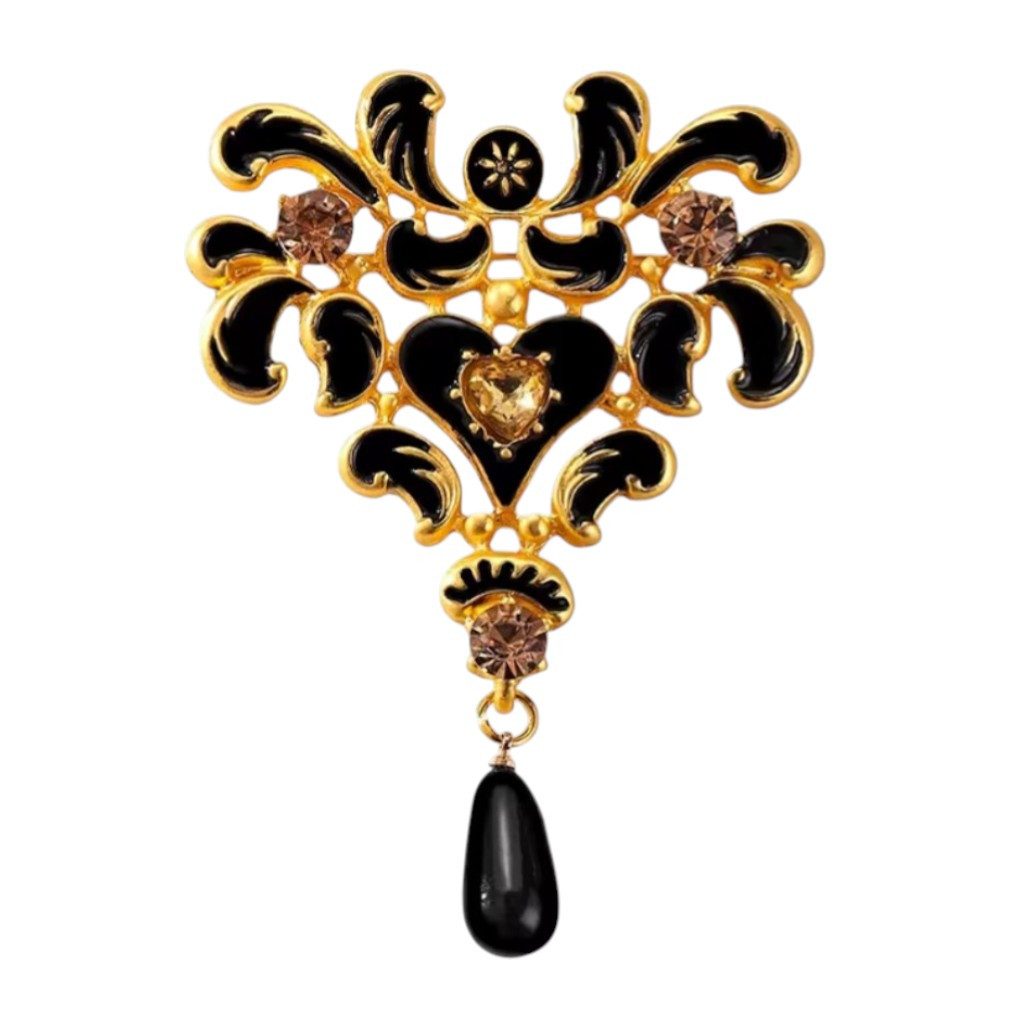 Dark-Desires Brosche Barocke vintage Ornament-Brosche Schwarz-Gold 9 cm, Damen Brosche vintage Accesssoire retro Anstecknadel