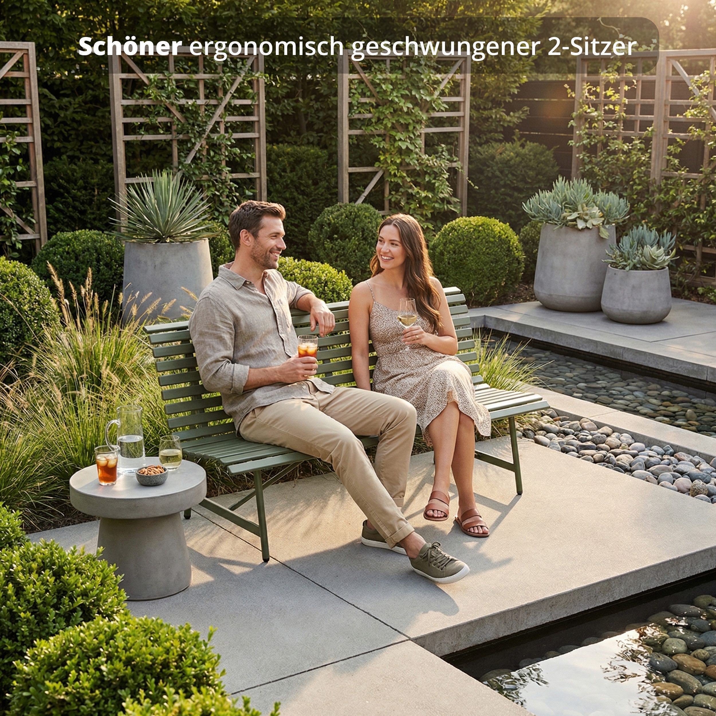 KHG Gartenbank aus Stahl Dunkel-Grün (pulverbeschichtete Parkbank im klassischen Design, für 2-3 Personen wetterfest 160x88x69 cm), Wetterfest, besonders stabil