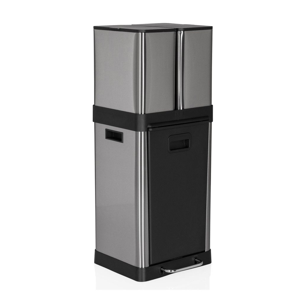 hjh OFFICE Mülleimer Mülleimer CLEAN 3 Edelstahl, Mülltrennsystem Küche mit 3 Fächern, Abfalleimer 32 Liter