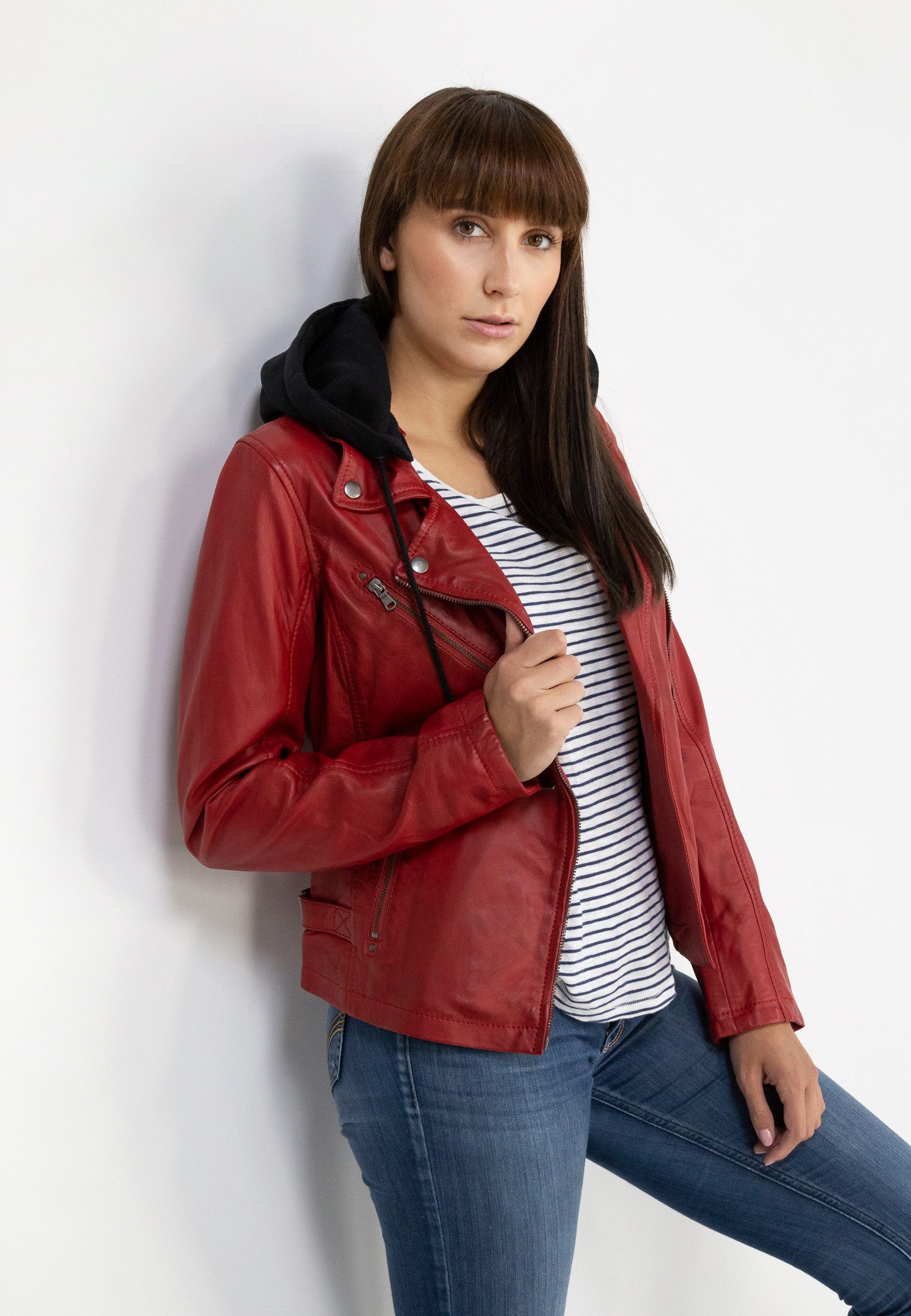 CBL Lederjacke MQ-45713 im Biker Style mit Reverkragen und abnehmbarer Kapuze